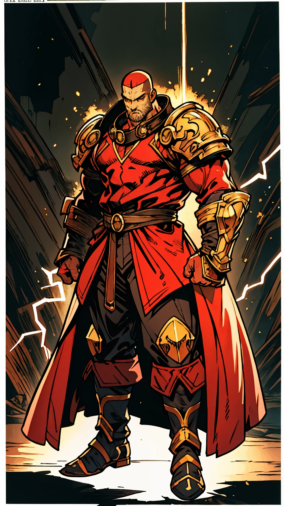 A bald man, ((red tattoos on his head and face)), wise gaze, charismatic features, sturdy yet slender figure, a fantasy-style tight-fitting long coat, adorned with luxurious golden decorations on the collar and shoulders and waist, matching loose trousers, his palms emit a radiant glow, encircled by light and electricity, the ground to crack beneath him, this character embodies a finely crafted fantasy martial arts-style overlord in anime style, exquisite and mature manga art style, mature male, high definition, best quality, highres, ultra-detailed, ultra-fine painting, extremely delicate, professional, perfect body proportions, golden ratio, anatomically correct, symmetrical face, extremely detailed eyes and face, high quality eyes, creativity, RAW photo, UHD, 32k, Natural light, cinematic lighting, masterpiece-anatomy-perfect, masterpiece:1.5
