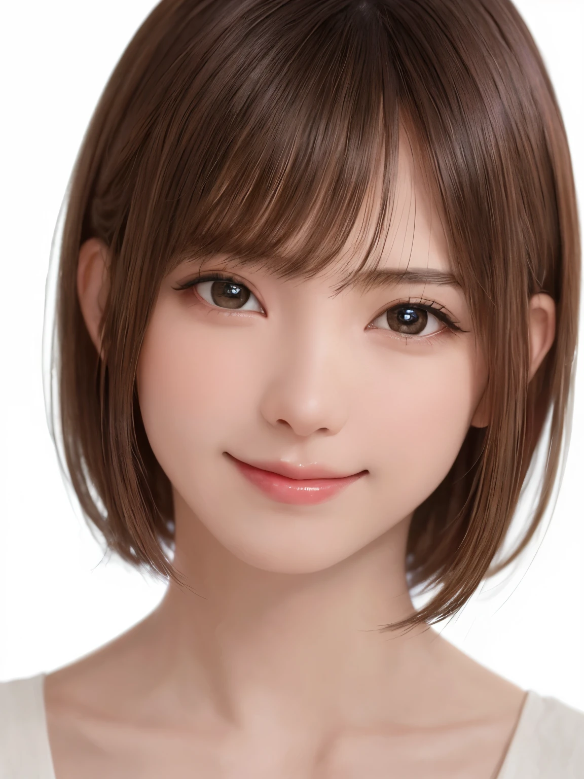(((showpiece, top quality, high precision)), one girl, (big breasts, photorealistic: 1.4), ((slightly above also look up the camera, look up at the camera, look up, look up at the camera))), solo, , white background, snow-white background, close mouth, happy smile, smile happily, pretty black hair, short hair, Big eyes, pronounced double eyelids, eyelashes, ears out, long neck, long neck, absolute area, ((face close-up, short hair with bangs)), 19 years old, attractive proportions, shiny skin, clean collarbone, golden ratio face, perfect face, teary mole, mole on the chest, bangs, clean bangs, beautiful bangs, lip gloss, thin lips, white skin, undressed, big breasts, small face, small face, Staring slightly upwards at the camera, ((smiling a little at the camera, really nothing immaculate background, huge, big breasts))