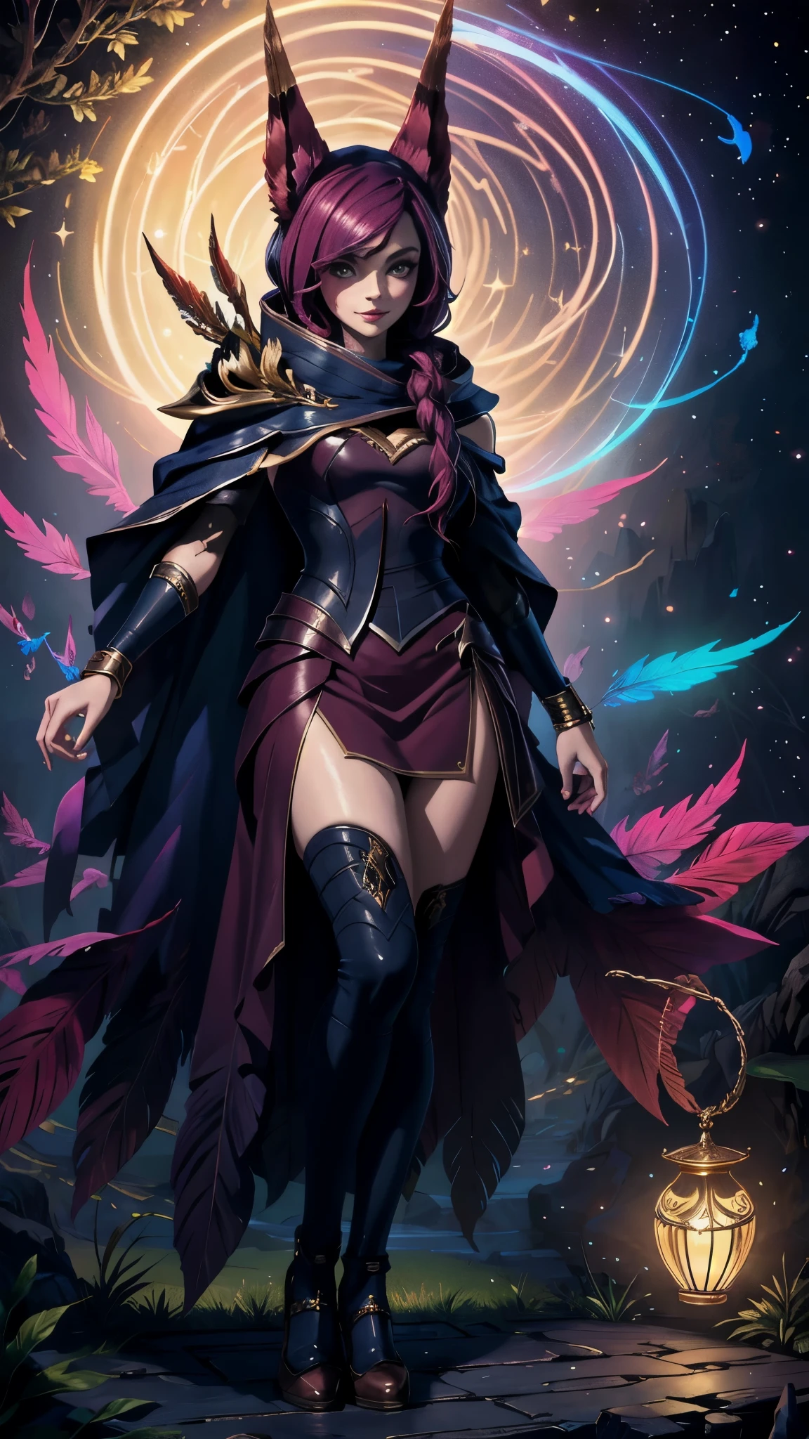 full body,(masterpiece, top quality, best quality, official art, beautiful and aesthetic:1.2), (beautiful face), extremely detailed,colorful,highest detailed, xayah, smirk, seductive smile, portrait,, (magical, magnificent, masterpiece:1.3)