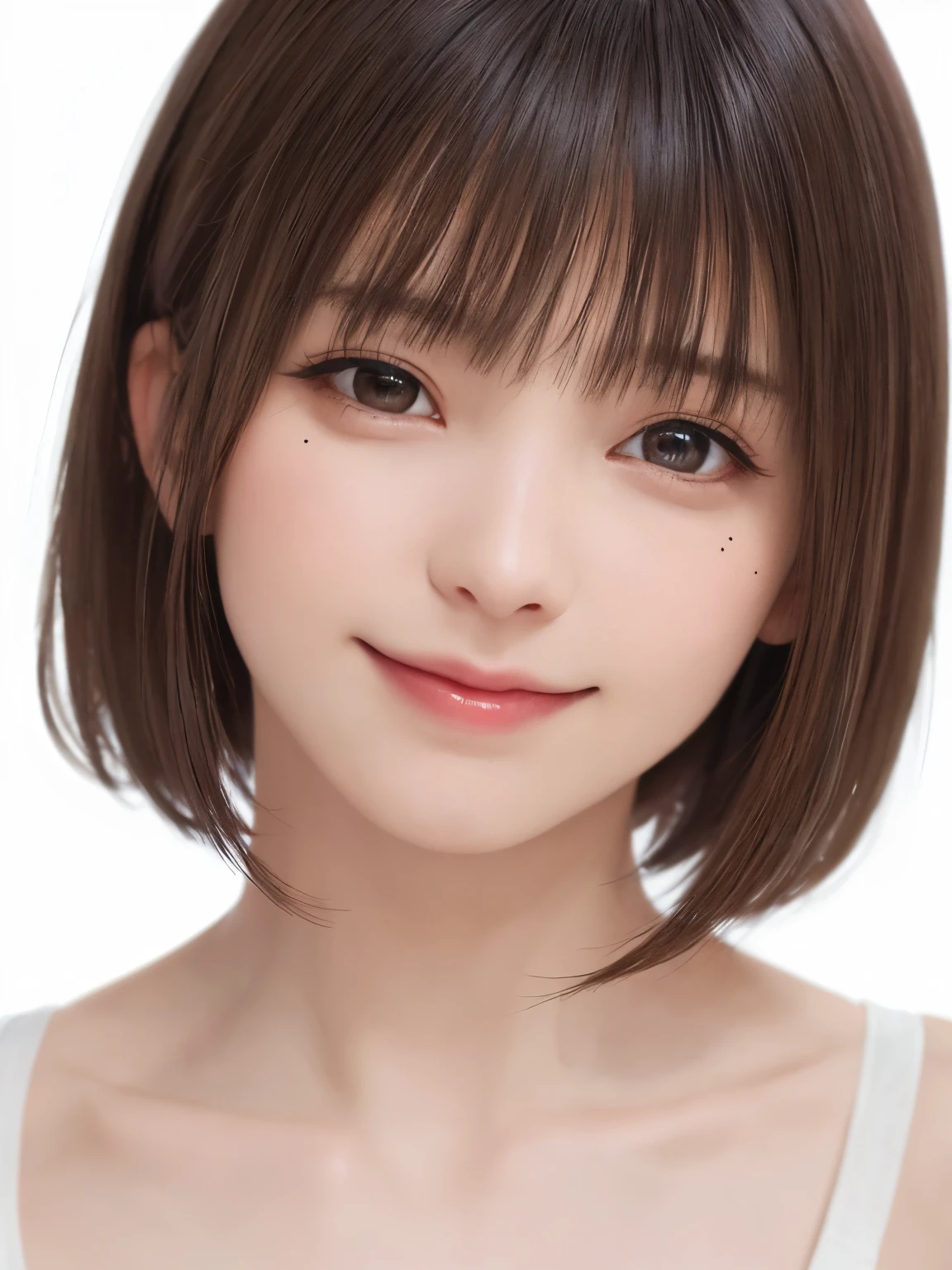 1 girl, alone, Shiny skin, chest, very detaileded, ultra detaileded, Ultra-high resolution, whole body, (Photorealism:1.4), (highest quality), (Best Shadow), Ulzzang-6500, detailed, Perfect lighting, Black Hair, ((Showpiece, highest quality, High precision)), One Girl, (big chest, Realistic: 1.4), (look up at the camera even a little, カメラをlook up, look up, look up at the camera, Looking into the camera))), alone, , White Background, snow-White Background, Close your mouth, Smile, pretty Black Hair, short hair, Big eyes, Transparent double eyelids, eyelash, listen, Long neck, Long neck, Absolute area, ((Face close-up, short hair with bangs)), 19 years old, Attractive proportions, Shiny skin, Beautiful collarbone, Golden ratio face, Perfect Face, Teardrop-shaped moles, chestのほくろ, bangs, clean bangs, beautiful bangs, Lip gloss, Thin lips, White skin, I took off my clothes, big chest, Small face, Small face, 少し上を向いてLooking into the camera, ((smile a little for the camera, really nothing pure White Background, very big big chest, big chest))