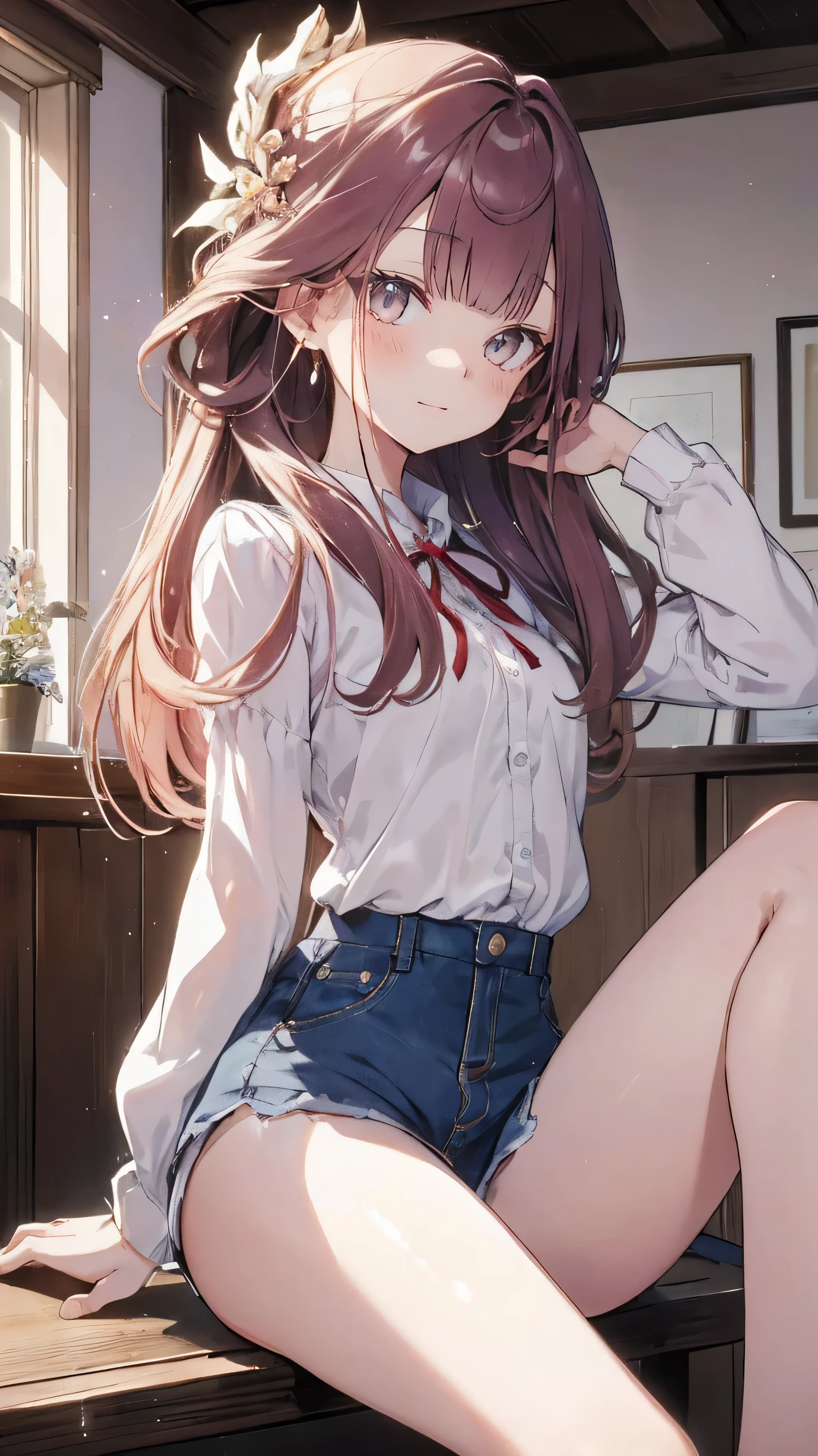 Masterpiece、Highest quality、highest quality、 ((panic))、Shiny hair quality、Small face、Sitting、Super detailed and beautiful bright eyes、Ultra-detailed, clear and beautiful faces、(cute illustration:1.2), High-resolution, ultra-detailed, best quality, embarrassed、(Gaps in shorts).(Cute underwear that can be seen at a glance)