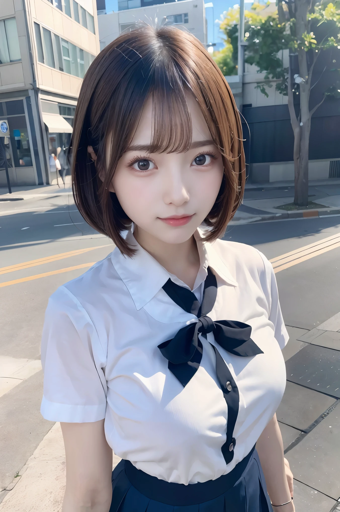 (8k, RAW Photos, highest quality, masterpiece:1.2), (Realistic, photo-Realistic:1.4), (Highly detailed 8k wallpaper), Sharp focus, Depth of written boundary, Boscinematic Lighting, Soft Light,Beautiful eyes in every detail,shiny smooth light brown Long Bob Hair, Asymmetrical bangs, Shiny skin, Highly detailed skin,High resolution, Attention to detail, detailed hairstyle, Detailed beautiful face, hyper Realistic, Perfect limbs, Perfect Anatomy ,1 Japanese girl,Famous Japanese Idols, Perfect female body, big breasts,smile,short eyelashes,double eyelid,Long Bob Hair, (school uniform : 1.3), View your viewers, (Crowded street:1.3),Cowboy Shot