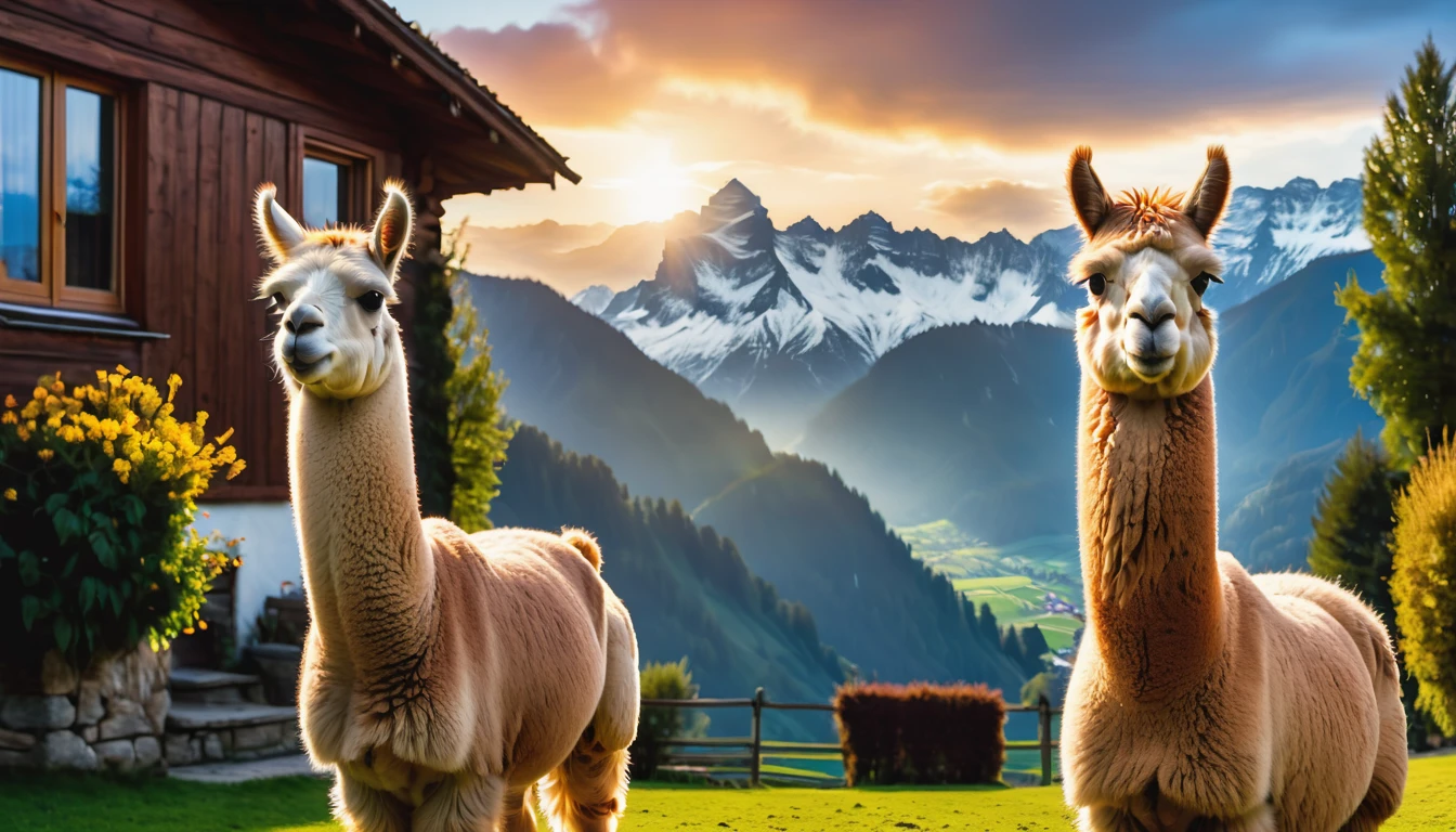 there are two alpacas standing in a field with a house in the background, alpaca, mountain scene, wild fluffy alpaca portrait, alpacas, peaceful looking animals, on a scenic background, llama all the way, alp, llama portrait, photo on vacation, portrait of a llama, in the Swiss alps, at dawn