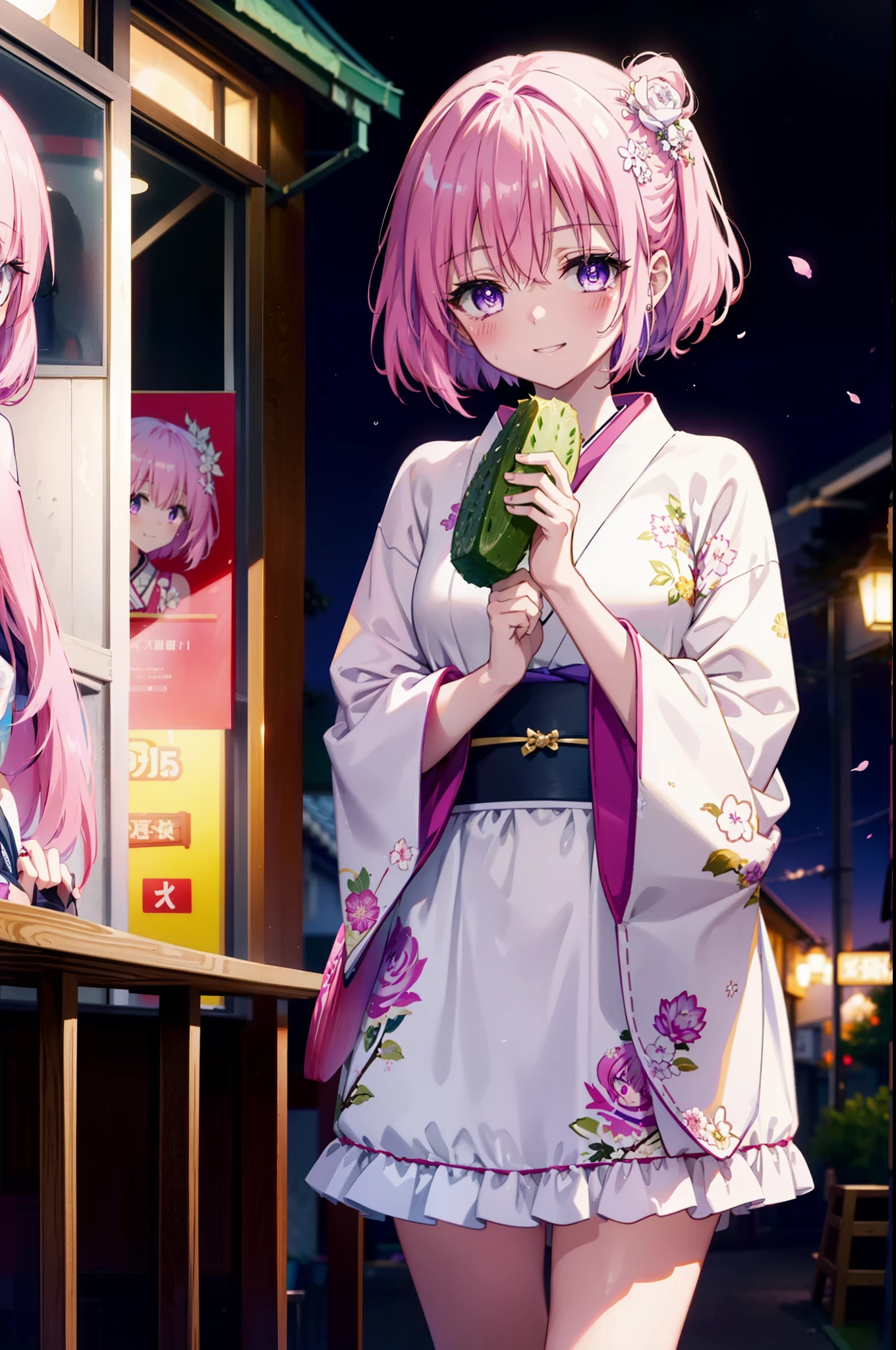 Momodeviluke, Deviluke type, demon tail, Hair Flowers, hair ornaments, (Purple eyes:1.1), Pink Hair, short hair, tail, smile,
break demon tail, Long Hair,happy smile, smile, Open your mouth,blush,Idol-style white kimono,long furisode,White mini cucumber,White tights,Zori sandals,tray, tray in one hand,A beautiful waitress with Long Hair comes to the table to take our order,As if your whole body is in the illustration,
break looking at viewer, (Cowboy Shot:1. 5)
break indoors, coffee shop, 
break (masterpiece:1.2), highest quality, High resolution, unity 8k wallpaper, (figure:0.8), (beautiful detailed eyes:1.6), extremely detailed face, Perfect lighting, extremely detailed CG, (Perfect hands, Perfect Anatomy),