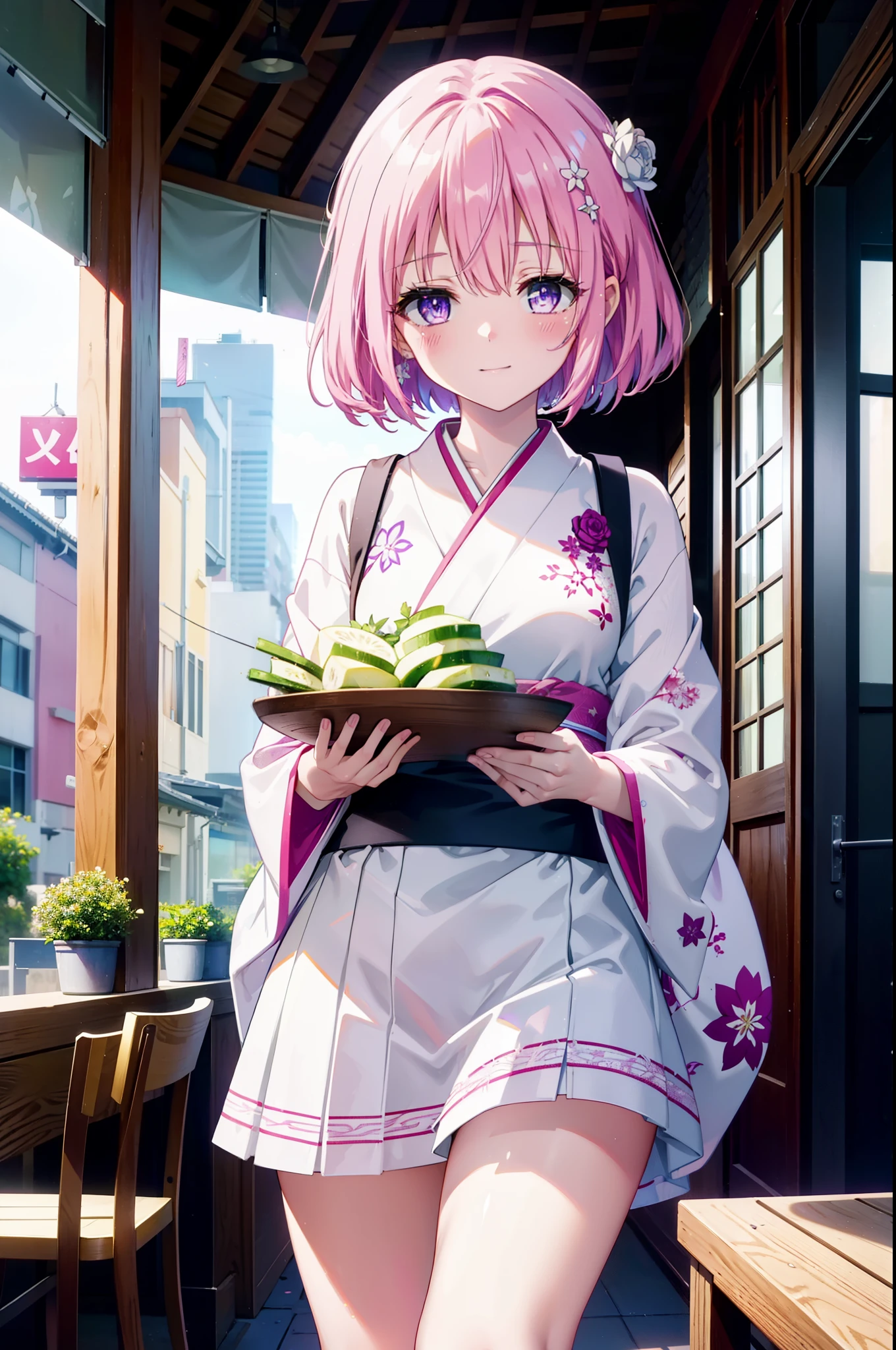 Momodeviluke, Deviluke type, demon tail, Hair Flowers, hair ornaments, (Purple eyes:1.1), Pink Hair, short hair, tail, smile,
break demon tail, Long Hair,happy smile, smile, Open your mouth,blush,Idol-style white kimono,long furisode,White mini cucumber,White tights,Zori sandals,tray, tray in one hand,A beautiful waitress with Long Hair comes to the table to take our order,As if your whole body is in the illustration,
break looking at viewer, (Cowboy Shot:1. 5)
break indoors, coffee shop,
break (masterpiece:1.2), highest quality, High resolution, unity 8k wallpaper, (figure:0.8), (beautiful detailed eyes:1.6), extremely detailed face, Perfect lighting, extremely detailed CG, (Perfect hands, Perfect Anatomy),