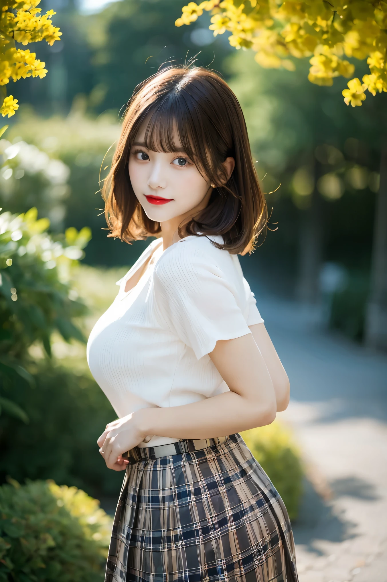 nsfw, 8K raw photo, Best quality, masterpiece, ultra high res, film grain, filmg, 1girl, looking at viewer, natural skin texture, realistic eye and face details, full lips, lipstick, (makeup), red eyeshadow, fluffy short hair, messy hair, smile, close mouth, beautiful legs, tall female, skinny, slim_legs, solo, enormous breast, cleavage, Pose with buttocks facing you, ultra short skirt, ass, shirt, beautiful nature location, around flower location, (detailed background), plaid skirt, white shirt, enormous breast, cleavage, Show a little cleavage through the shirt, loafers, blurry background, blurry, holding, plaid, short sleeves, jk ribbon on the neck, jk ribbon, brown hair, bracelet, water, bangs, school uniform, jewelry, parted lips, lips, from side, pleated skirt, depth of field