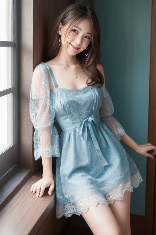 A woman in her 40s wearing a light blue-gray lace mini dress, 部屋の中央にLarge windows、Perched on a window sill、satin, Lovely lady, Beautiful lace mini dress, sexy lace mini dress, V-shaped clothing with an open neckline, A beautiful, soft and sheer mini dress, 20Japan Female, Sexy Girls, Overall view、gentle expression、Medium long hair、thin shoulder strap、looking at the camera: 1.6、Brunette Hair、Medium long hair、Large windows、Outside the window, you can see the ocean all the way to the horizon、Small Mouth、Smiling with teeth showing