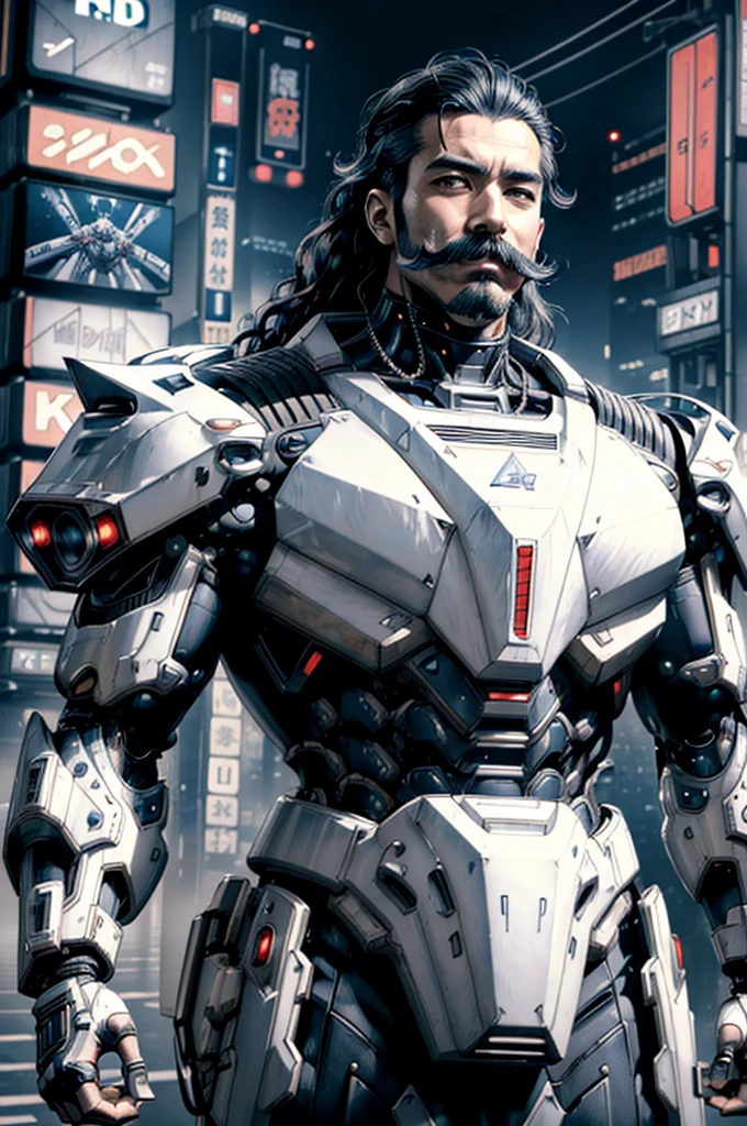 (Best Quality, 8k, 32k, Masterpiece, UHD: 1.3), (Pictures of Japan Attractive Man with mustache), (Cyberpunk: 1.4), (Realism: 1.4), (Best Quality: 1.0), (Super-Resolution: 1.0), 8K, RAW Photos, (Masterpiece: 0.2), Ultra Detail, One man with mustache, ((Big: 1.4)), (Long Wavy Hair), Abs, Perfect Body, Ultra Detailed Face, Detailed Lips, Fine eyes,  mecha cyber armor man with mustache, white mecha, male mech, mechanized valkyrie man with mustache, handsome white man cyborg, armor man, wearing sci-fi military armor, sci-fi man, white futuristic armor,  male paladin, mechanized soldier man