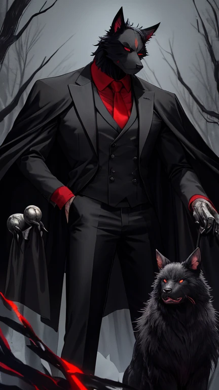 Muscular and tall, clad in a sleek black suit and a vivid red tie, the gentlemanly figure cut an imposing figure amidst the stillness of the night. The fur covering his entire body, black as the deepest midnight, shimmered under the moonlight, revealing his distinctively canine traits - bat ears on top of his head and bright red eyes that glowed ominously. His countenance was good-looking, despite the monstrous appearance he adorned. Creatures of the night gathered around, sensing the unique aura this man radiated. His presence was solitary, a lone figure amongst the creatures of the forest, his fiery eyes gleaming with an in