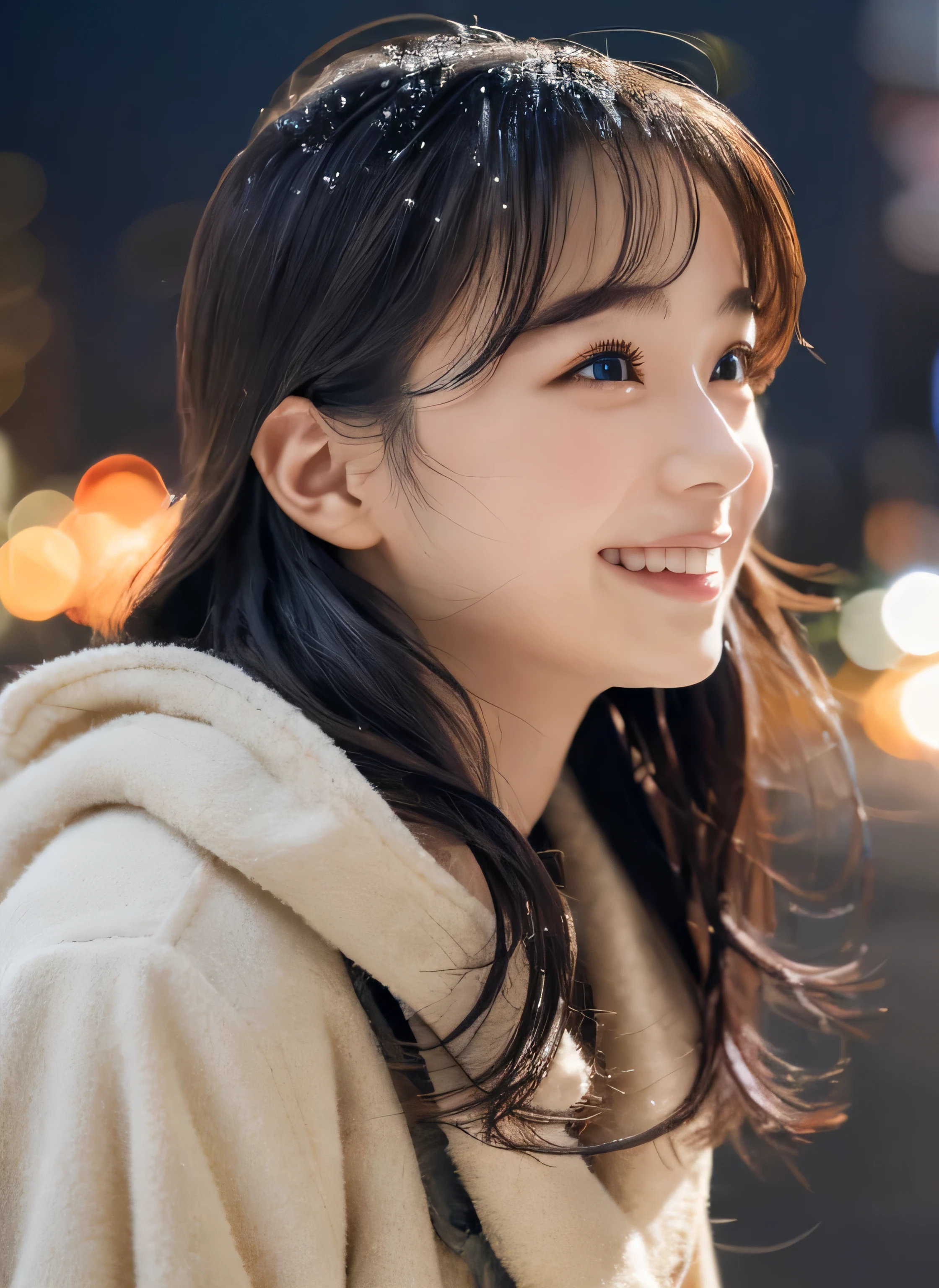 1 girl, (Photo from the waist up、put on a coat:1.2), (RAW Photos, highest quality), (Realistic, Photorealistic:1.4), Tabletop, Very delicate and beautiful, Very detailed, 2k wallpaper, wonderful, finely, very detailed CG Unity 8k wallpaper, Very detailed, High resolution, Soft Light, Beautiful detailed girl, Very detailed目と顔, Beautiful and detailed nose, finely beautiful eyes, Cinema Lighting, Illuminations that light up the city on a snowy night, Snow Scene, that&#39;it&#39;s snowing, Perfect Anatomy, tense air, Straight Long Hair, Looking at the audience, smile, Hokkaido serial murders, Disappearing into the Sea of Okhotsk, Tracking、Fluffy scarf、