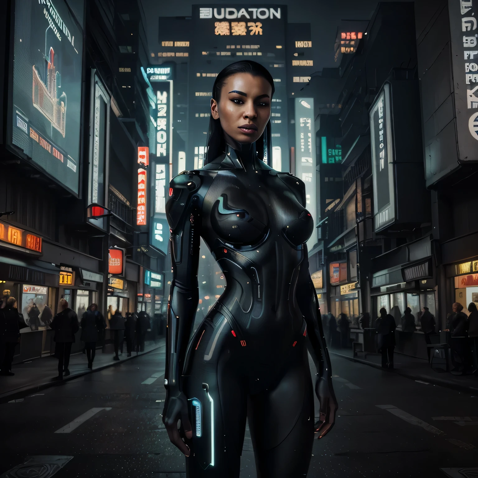 "(best quality,highres,masterpiece:1.2),ultra-detailed,(realistic,photorealistic,photo-realistic:1.37),cyborg,black,with intricate design,advanced,impressive,in a smart city at night,neon lights,technological atmosphere,cyberpunk vibes,futuristic architecture,glowing signs,shadowy alleys,reflective surfaces,urban chaos,mysterious aura,sleek and streamlined look"