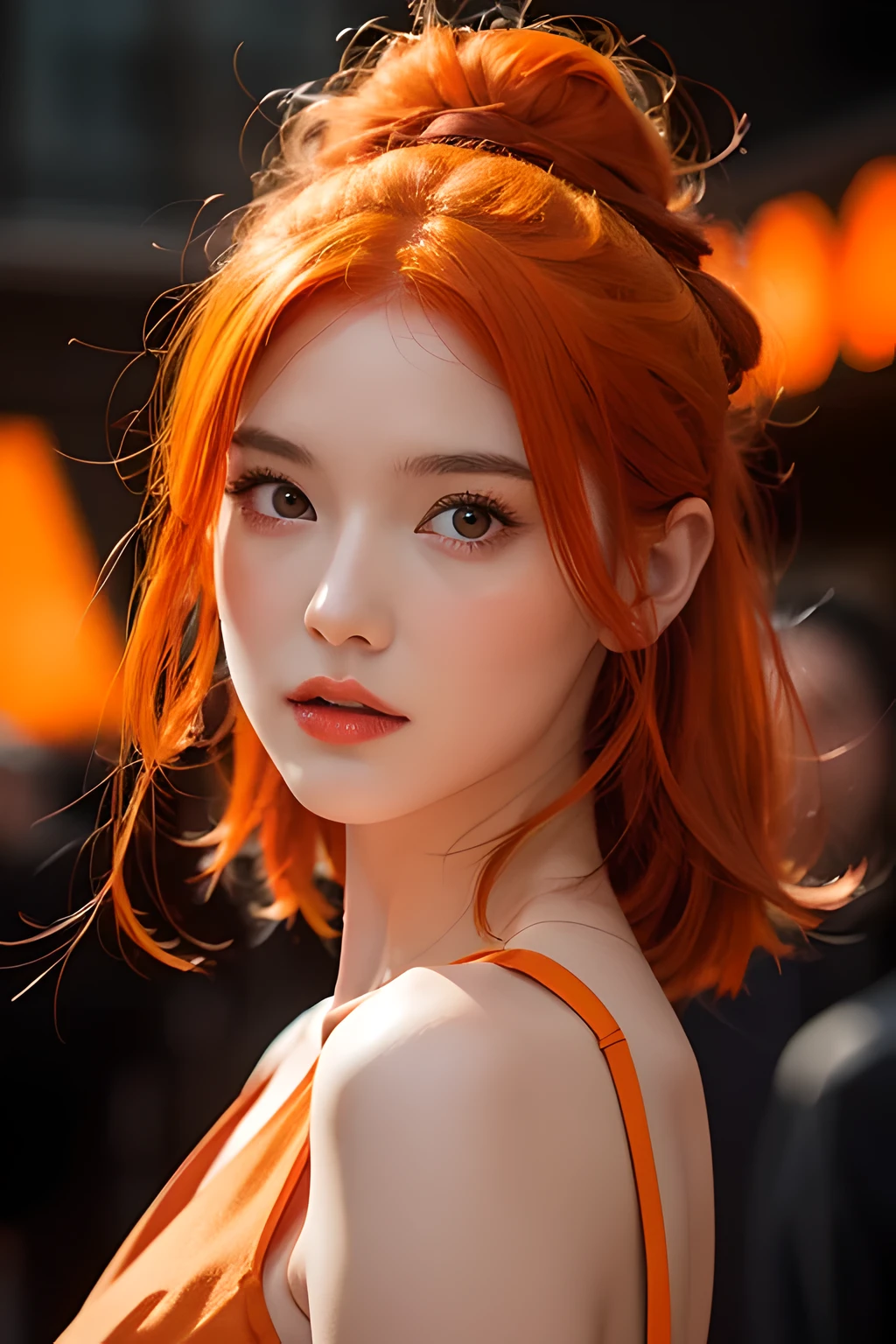 Girl with fiery orange hair, red eyes in a whimsical dress, Photography, With no particular art styles, The lens will be a 70mm, Rendering a medium shot, In high resolution, the emphasis on the fire-like (fiery orange:1.5) hair, striking (red:1.2) eyes, the texture of her dress and her facial expressions