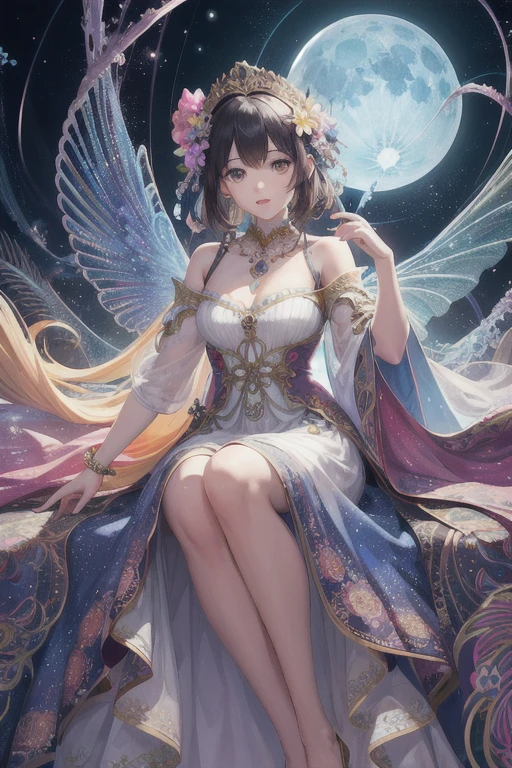 (masterpiece,highest quality,highest quality,Official Art,beauty and aesthetics:1.2),(1 girl),Light Painting,(exposed for a long time:1.2),Dynamic stripes,Very detailed,(Fractal Art:1.3),Colorful,Most detailed,Chiffon dress,jewelry,Floral,Fairy,whole body,Ring of the Moon