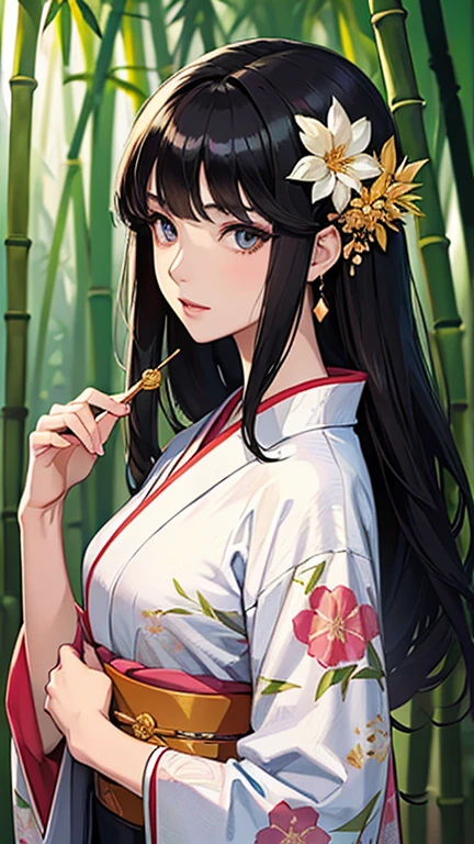 ((masterpiece)), Surreal, Portrait of a beautiful fair-skinned anime woman (Flower pattern kimono), light makeup, Bright Eyes, Shiny black hair, Intricate hair ornaments, (Small breasts), In the bamboo forest