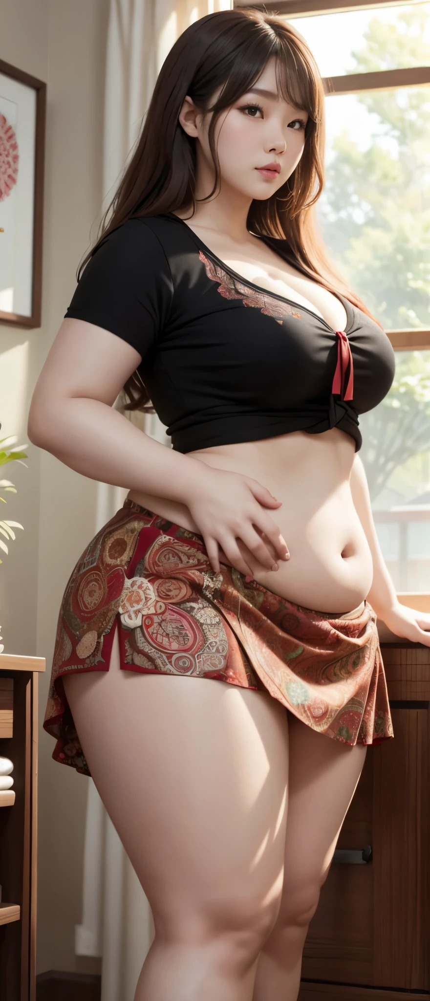 1girll, Solo,Red cowboy shooting, (Jacket set), From the top, (zentangle, mandalas, Tangled, Winding), (Lingxiaohua: 1.2) offcial art, Unified 8k wallpaper, super detailing, Aesthetics, Masterpiece, Best quality, Realistic.Korean goddess fat plus size model,(Kpop idol)(((nene tanaka sexy girl))),,Fat、(plus-sized)woman model,(),(A bulging belly),,((())),(Large size elegance),,Weigh more than 100 pounds,(Fresh sunshine),Vivid colors,Three-dimensional。(((full bodyesbian))),(Meticulous depiction),(Natural and vivid),Highlight the cuteness and charm of big fat girls,It's a reverie。Soft and plump belly ,very sexy outfit,Precise anatomy,The whole picture is like a detailed realistic CG rendering,The highest image quality will make you unforgettable。cardigan and t-shirts with long skirts , chubby cheeks
