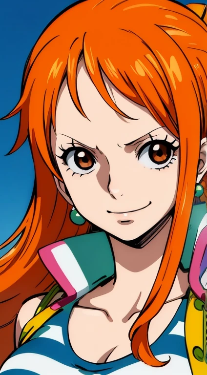 Generate a realistic image of Nami from One Piece in the anime style, capturing her distinctive appearance with orange hair, a blue and white striped shirt, and a cheerful expression on her face. Ensure that the image embodies her adventurous and confident personality as depicted in the anime, with a wide-angle perspective and a full body shot that highlights her curvaceous and athletic build, large breasts, and thick thighs. This image is not suitable for workplaces.