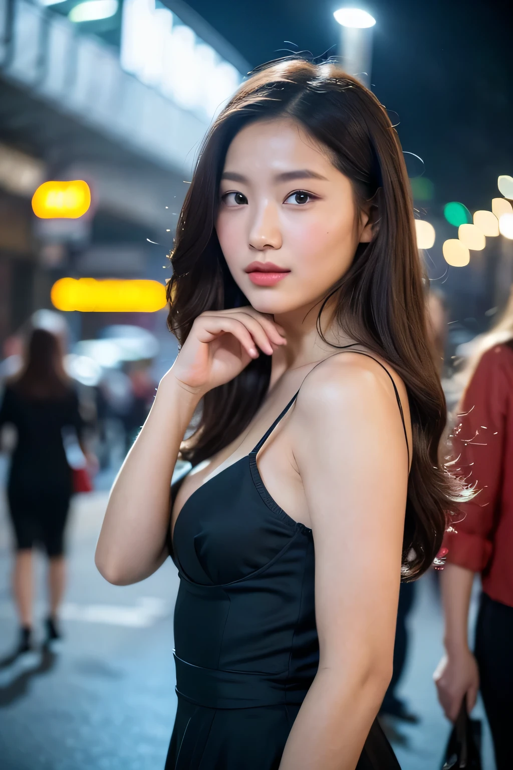 An exquisite portrait captures the essence of a Korean-Danish woman in her early twenties, radiating playfulness and joy with a captivating smile. Her long, luscious brown hair cascades down in waves, framed by a boho-chic outfit that accentuates her athletic and tall figure. With a hint of moisture-wicking allure, she exudes a seductive charm, embodying both the warmth of her Korean heritage and the chicness of her Danish roots. In this hyperrealistic masterpiece, every detail is meticulously rendered, from the realistic skin texture to the intricate play of light on her features. Shot in ultra-high resolution (8K RAW), the image immerses viewers in a cozy atmosphere with warm lighting that enhances her natural beauty. The background features a bustling city center at night, with traffic lights casting a mesmerizing bokeh effect against the rain-soaked streets. Photographed with a Sony a9 II Mirrorless Camera, the image benefits from professional lighting techniques such as backlighting and depth of field, creating a dynamic composition that draws the viewer's gaze. The subject's eyes, detailed and realistic, engage the viewer with a playful gaze, while subtle elements, add a touch of whimsy to the scene. black dress standing on the street with her hand on her shoulder accentuates her curves. A hint of a gun holster at her waist adds an intriguing element to her character. The combination of detailed hair, realistic outfit, and meticulous lighting results in a truly captivating portrait that showcases the beauty and charm of this Korean-Danish woman.