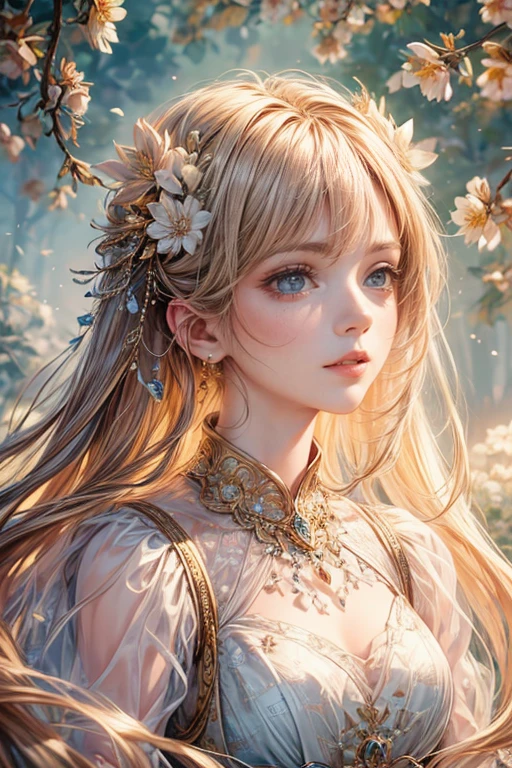 (highest quality,8k,CG),Upper body details,Lonely Girl,Floral Dress,Forest Background,Detailed facial features,Elegant long hair,Almond-shaped eyes,Detailed eye makeup,Long, fluttering eyelashes,Blinking big eyes,Twinkling Star,Intricate lip detail,Soft style