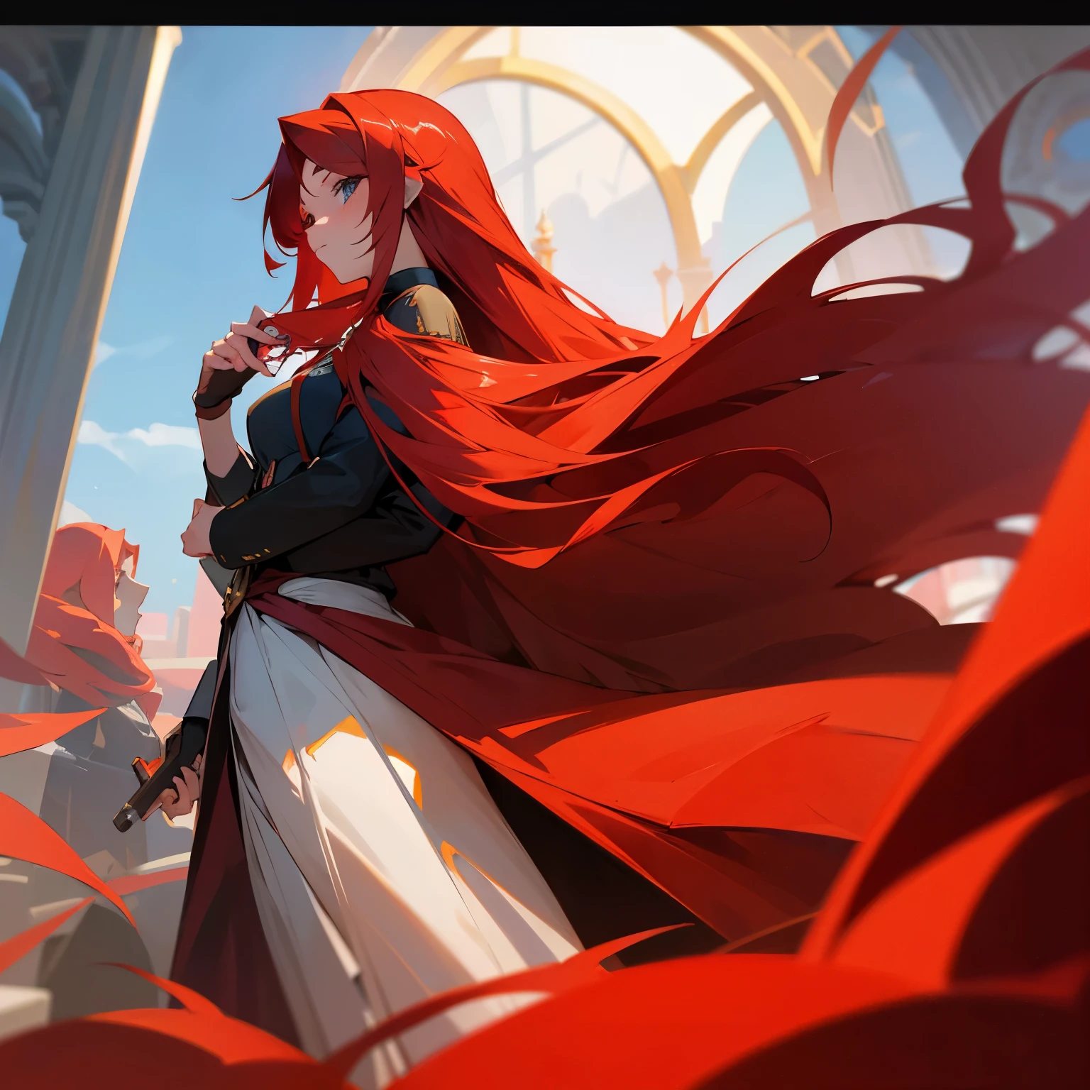 A beautiful girl with a long red stunning hair and holding a set of cards