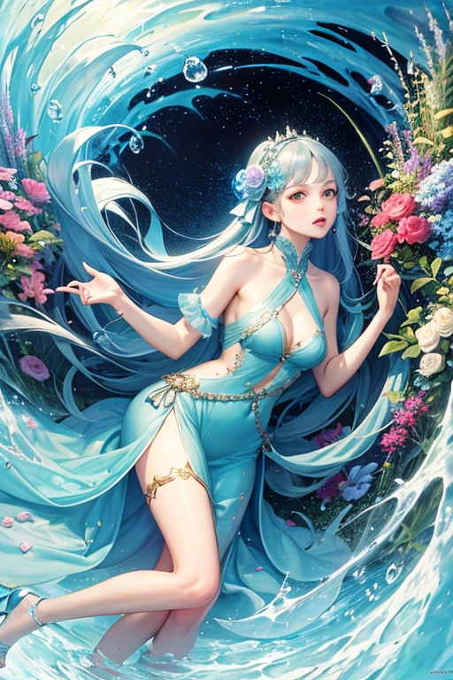 (masterpiece,highest quality,highest quality,Official Art,beauty and aesthetics:1.2),(One girl),Very detailed,(Fractal Art:1.3),Lots of color loss,Sea of Flowers,Surrounded by flowers。