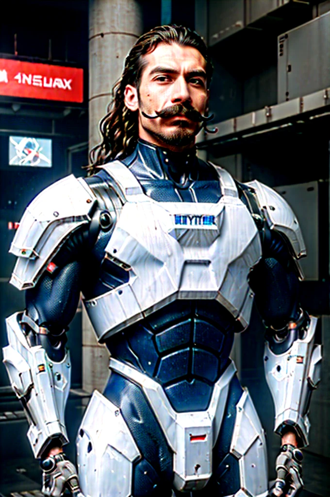 (Best Quality, 8k, 32k, Masterpiece, UHD: 1.3), (Pictures of Japan Attractive Man with mustache), (Cyberpunk: 1.4), (Realism: 1.4), (Best Quality: 1.0), (Super-Resolution: 1.0), 8K, RAW Photos, (Masterpiece: 0.2), Ultra Detail, One man with mustache, ((Big: 1.4)), (Long Wavy Hair), Abs, Perfect Body, Ultra Detailed Face, Detailed Lips, Fine eyes, mecha cyber armor man with mustache, white mecha, male mech, mechanized valkyrie man with mustache, handsome white man cyborg, armor man, wearing sci-fi military armor, sci-fi man, white futuristic armor, male paladin, mechanized soldier man