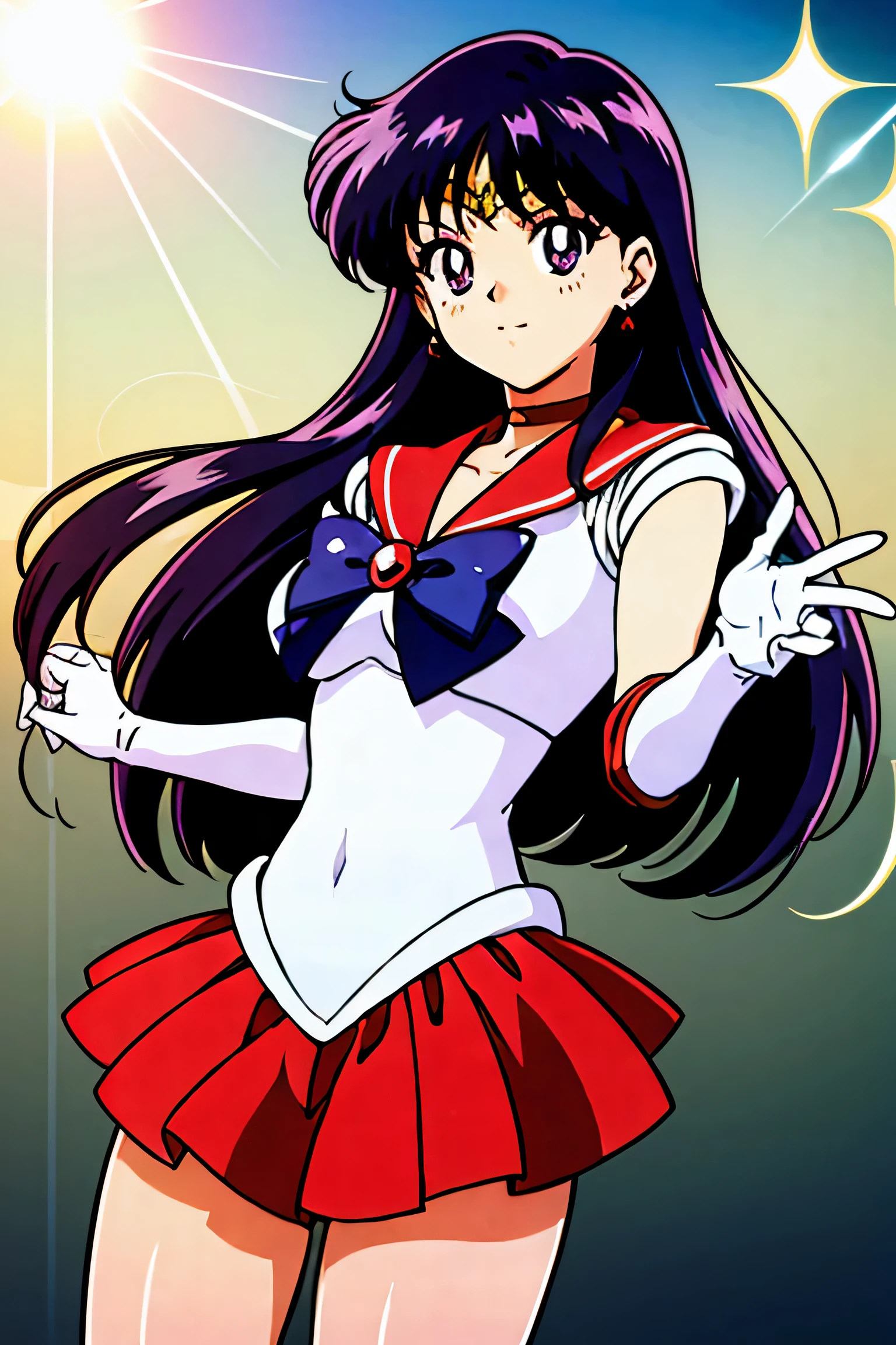 (highest quality:1.3),(ultra-become familiar with:1.5),High resolution,extremely become familiar with CG,unity 8k wallpaper,official art,become familiar with,super become familiar with skin,perfect anatomy,beautiful become familiar with eyes,(anime screenshot:1.11),very delicate and beautiful,(90s anime,90s anime style,cel shaded anime:1.17),1 girl,anmnr solo,
((sama1:1.52)),Sailor Moon!!!!!!!!, Sailor Moon Style,by Sailor Moon, Sailor Warrior Uniforms,(Sailor Mars:1.25),Aqua Eye,Long black hair,Red choker,Red High Heels,
tiara, sailor senshi uniform, white gloves, red sailor collar, red skirt,
(Shining Eyes),blends well with the eye,blends well with the eye,Eye focus,(Carefully crafted brilliance, Lens flare:1.7),(Expressions of joy:1.51),Octane Rendering,Rainbow Paint Drops,Woman made of paint,Full Paint,(Movie Background),Splat,splash,Dark and blurry background,close,(Best writing, Very delicate and beautiful),Beautiful sparkle in every detail,(Soft Light:1.2),(soft money tone lighting),W腕 and Soft Lighting,dramatic light,((Cinematic Light)),Ambient Occlusion,Zhou Xianguang,Intense,powerful,Absolutely eye-catching splashes of color,((caustic)),ray tracing reflection,The light shines,morning,