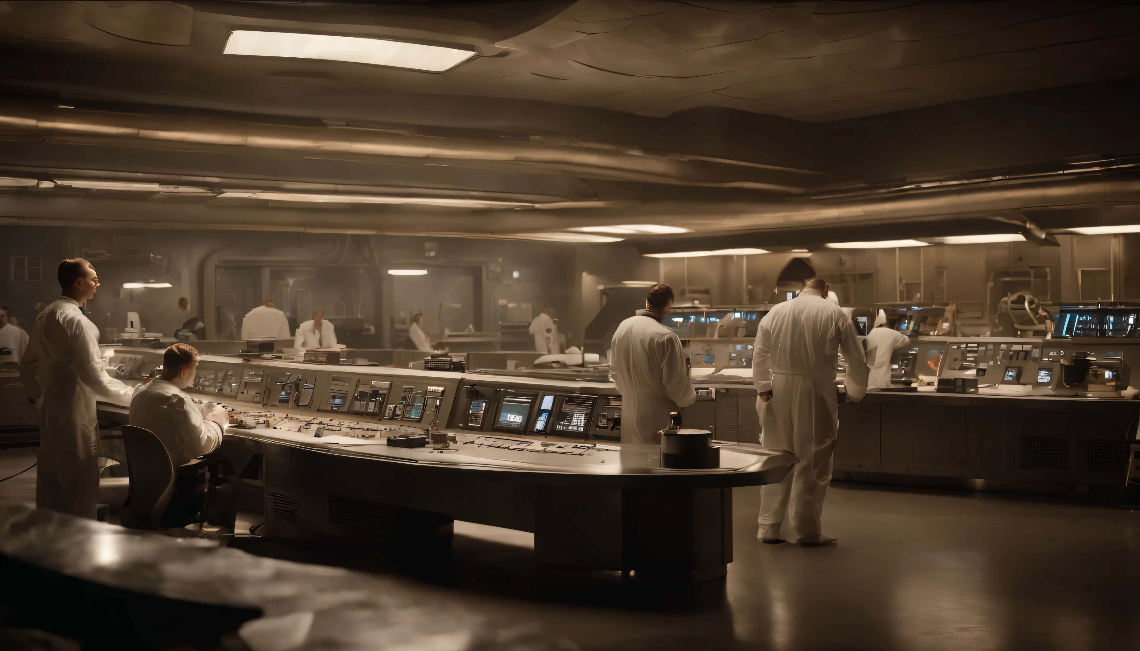 A vintage-style shot of a hidden NASA facility, with scientists and engineers working on a daring plan for salvation, reminiscent of 1950s sci-fi films.