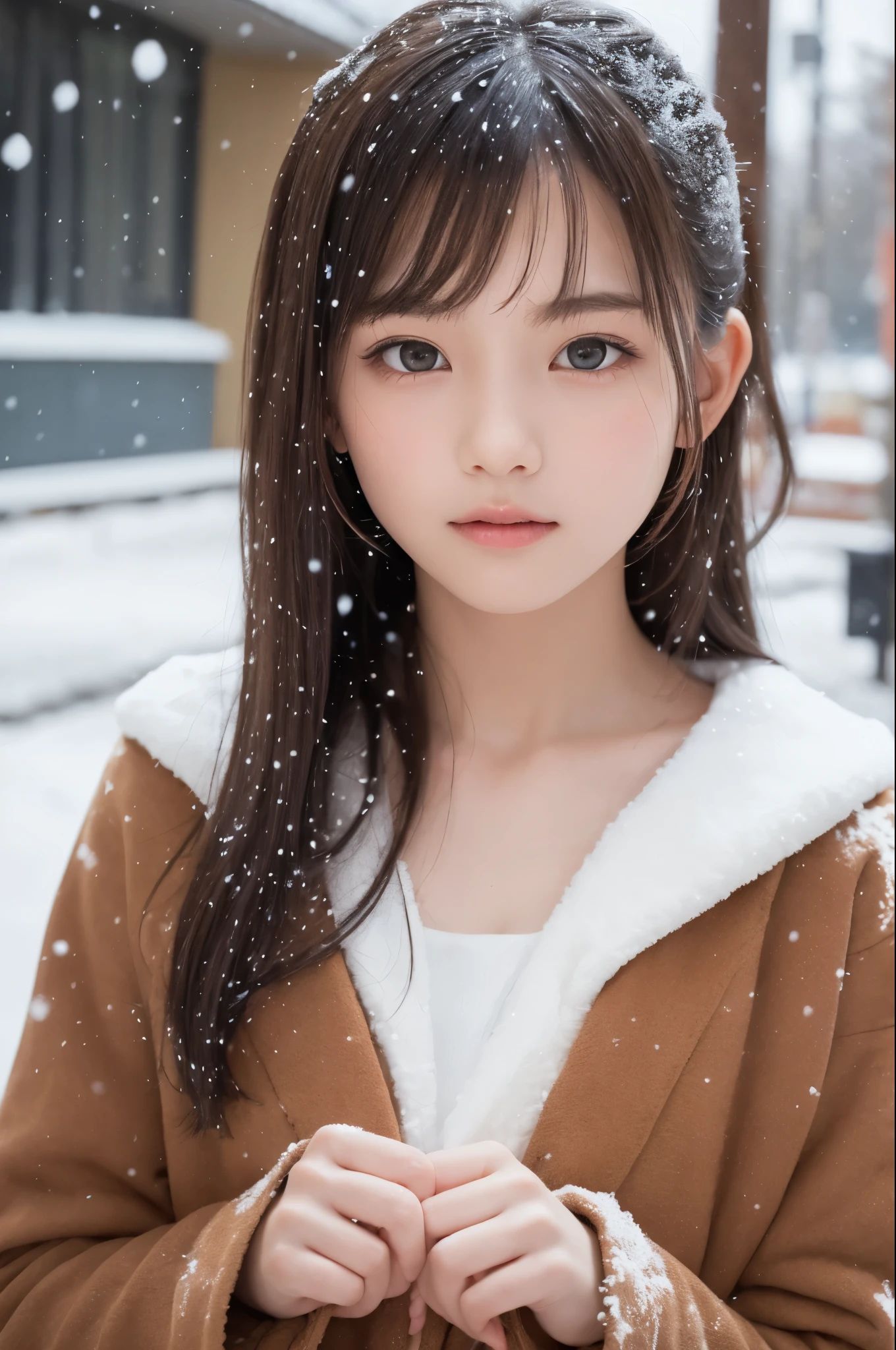 one girl, (a beauty girl, delicate girl:1.3), (10 years old:1.3),
break, (winter , cute:1.3),
break, (Street view:1.3), (it's snowing:1.3), perfectly trimmed fingers,
break, Very fine grain definition, (Symmetrical eyes:1.3),
break, Small breasts, Brown eyes, parted bangs, brown hair, girl,
break, (Eyes and facial details:1.0), (Get closer to the face, Zoom in on face, Face Focus:1.0),
break, (masterpiece, highest quality, Super detailed, Detailed face, 8k)