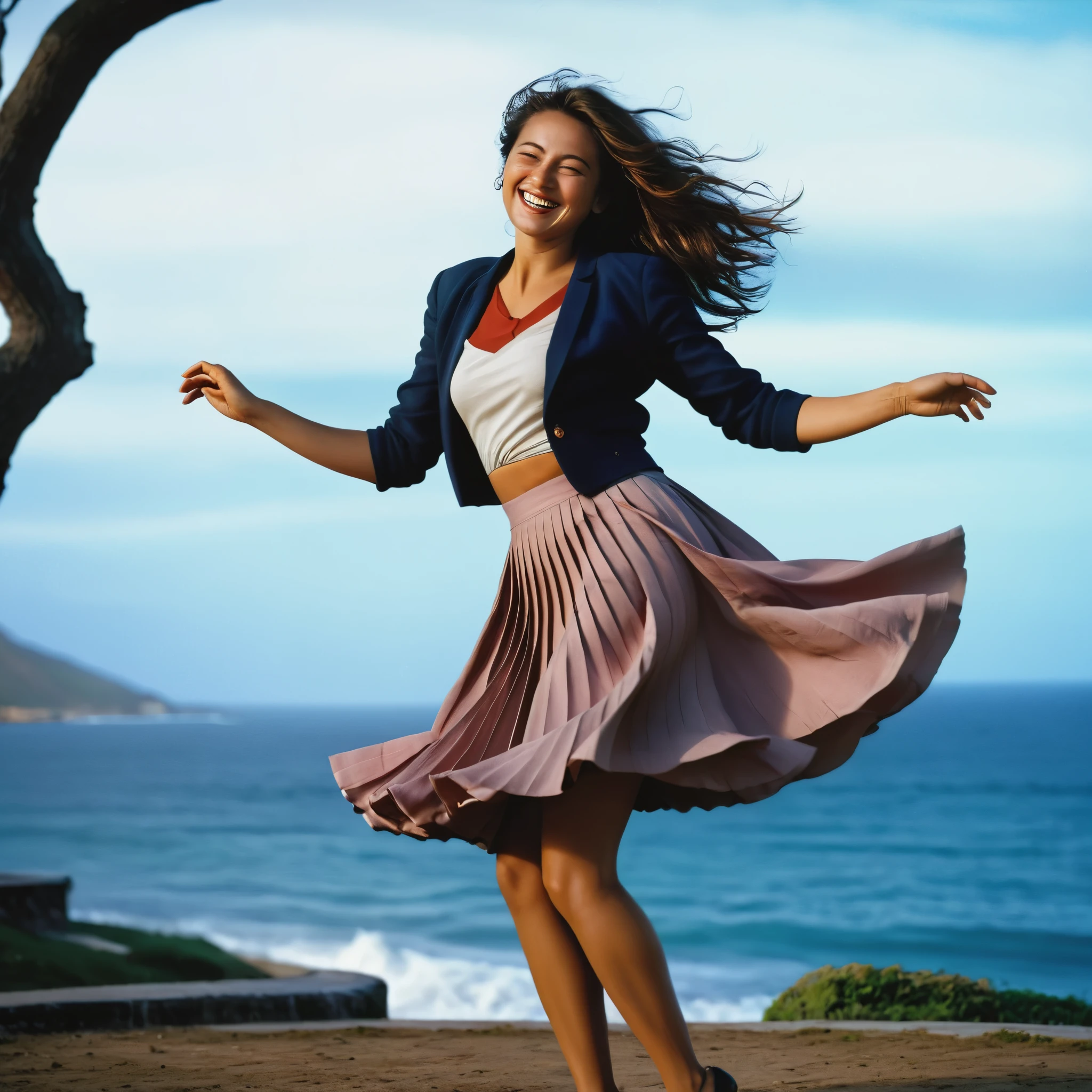 A smiling, authentic, (shy:1,3), kind, beautiful woman, is passionately in love with her skirt, dancing while wind lifts her skirt, wearing short blazer and very, very detailed (long (fully pleated) full circle skirt) and (low heeled court shoes), very, very intricate hyper-detailed symmetric (attractive graceful young feminine face) with (sad, tired eyes and a loving smile), very voluptuous breasts, full of empathy and compassion and love, (pronounced (feminine) features), (highly detailed ultra accurate realistic) hands and fingers, (windy), epic composition, highly detailed attributes, (35mm f1.4 Kodak portra 400 photograph), extremely high quality RAW photograph, highly detailed atmosphere, cinematic shot, dynamic lighting, 75mm, Technicolor, Panavision, cinemascope, sharp focus, fine details, 8k, HDR, realism, realistic, key visual, film still, superb cinematic color grading, depth of field