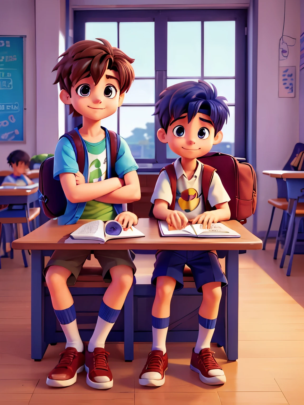 cartoon of two boys sitting at a table with a book and a backpack, ddlc, in the art style of 8 0 s anime, 9 0 s anime style, 90s anime style, in anime style, in an anime style, anime aesthetic, anime vibes, 9 0 s anime aesthetic, 9 0 s anime art style, lofi boy, typical anime classroom, beautiful background window, two cute boys, beautiful faces, two boys, don't extra hands, NO extra hands, generate two boys with NO extra hands, NO extra arm