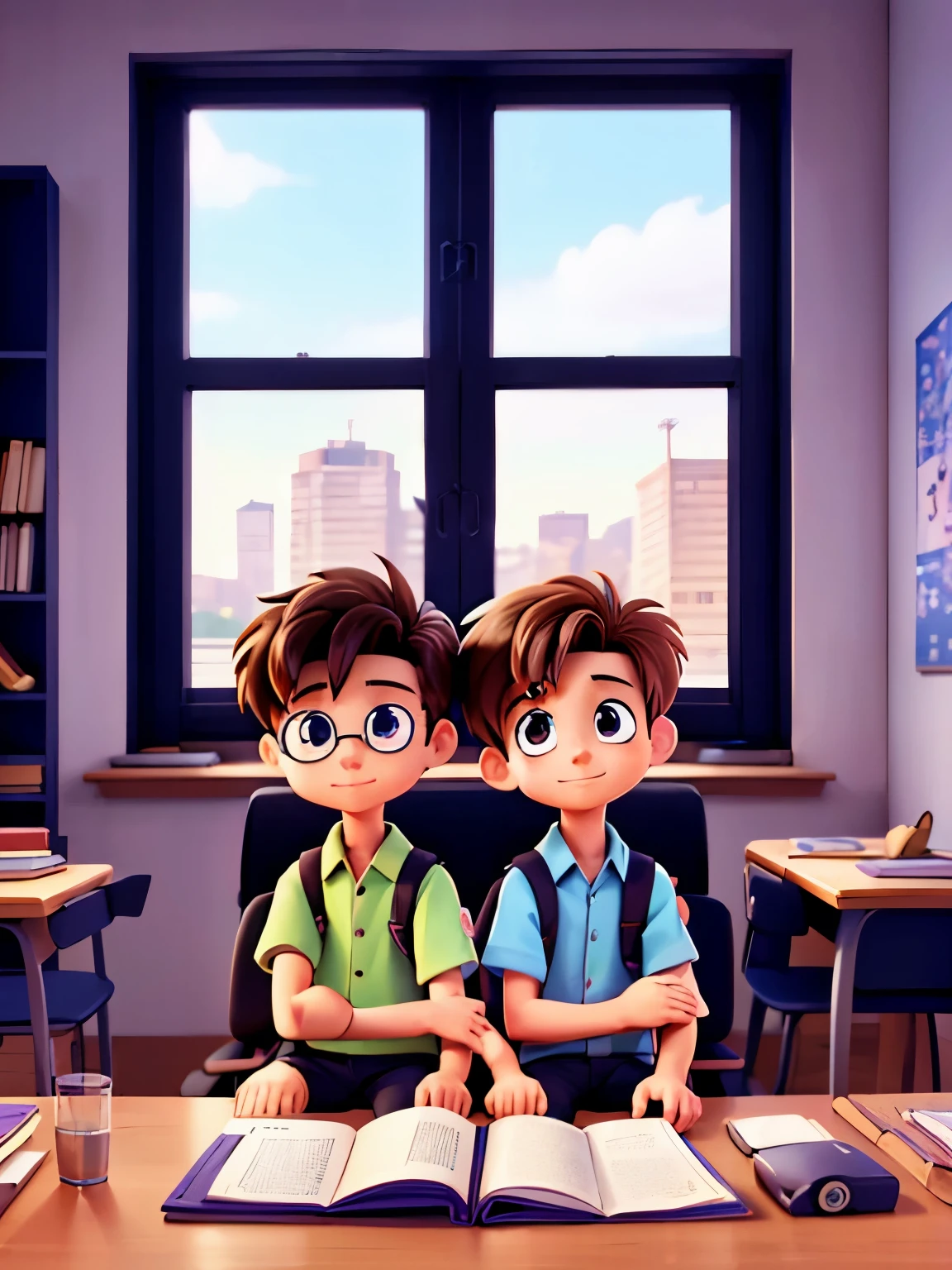 cartoon of two boys sitting at a table with a book and a backpack, ddlc, in the art style of 8 0 s anime, 9 0 s anime style, 90s anime style, in anime style, in an anime style, anime aesthetic, anime vibes, 9 0 s anime aesthetic, 9 0 s anime art style, lofi boy, typical anime classroom, beautiful background window, two cute boys, beautiful faces, two boys, don't extra hands, NO extra hands, generate two boys with NO extra hands, NO extra arm