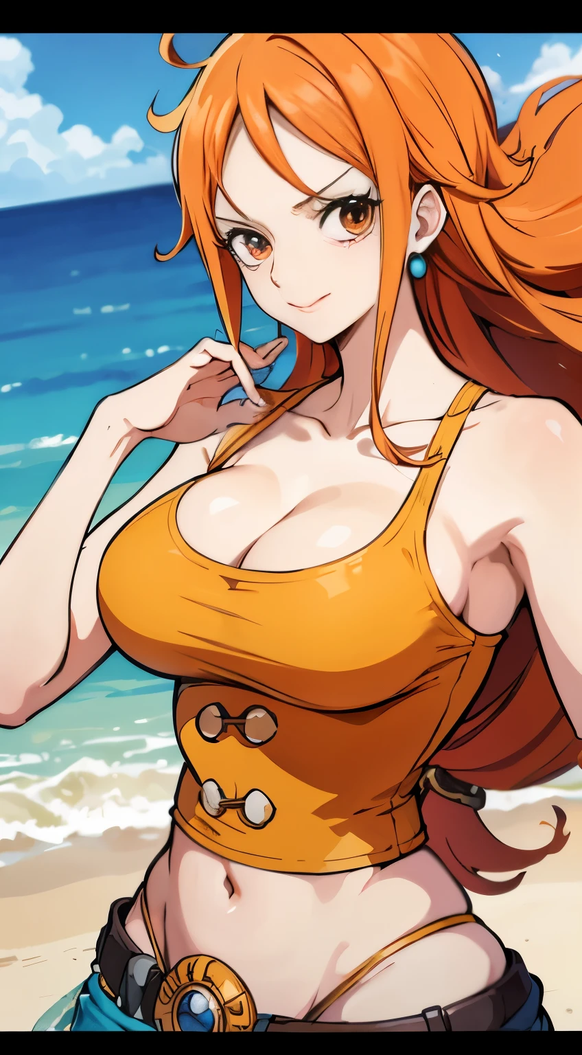 Create a realistic image of Nami from One Piece in the anime style. Capture her distinctive look with orange hair, a sleeveless top, and a cheerful expression on her face. Ensure the image reflects her adventurous and confident persona, as portrayed in the anime. Pay attention to her hourglass figure, muscular build, and curvaceous physique. Incorporate a background of an island to complete the scene. For the top, consider a BH-style upper body piece, along with a rocky terrain. Don't forget her distinctive orange eyes, well-defined shoulders, toned abs, and ample breasts.