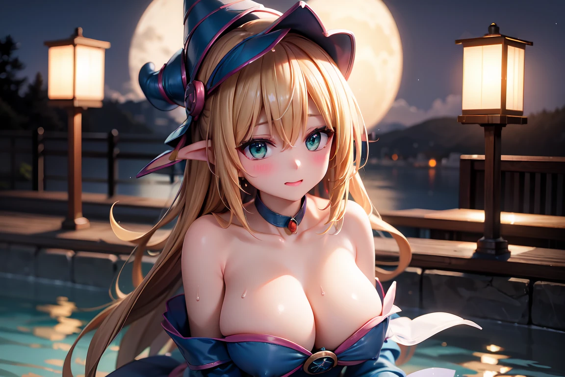 master piece,best quality,ultra detailed,8k,
ambient light,realistic skin,glossy skin,
（dark magician girl, duel monster, blush stickers, blonde hair, green eyes, long hair, breasts, blush, bangs, large breasts, hair between eyes, pentacle, pentagram, hat, dress, cleavage, bare shoulders, collarbone, choker, blue headwear, wizard hat, bracer, detached sleeves;）、
（lie face down：1.3）、（portrait）、（the body is very wet：1.5）、yukata、Glossy lips、Slightly emphasize the lower lip、blush、Embarrassed expression、emphasizing the cleavage、
Fantastic night sky、full moon、Aurora、horizon、Open-air bath、Japanese inn