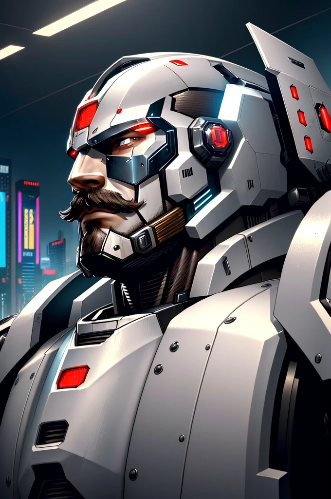 (Best Quality, 8k, 32k, Masterpiece, UHD: 1.3), (Pictures of Japan Attractive Man with mustache), (Cyberpunk: 1.4), (Realism: 1.4), (Best Quality: 1.0), (Super-Resolution: 1.0), 8K, RAW Photos, (Masterpiece: 0.2), Ultra Detail, One man with mustache, ((Big: 1.4)), (Long Wavy Hair), Abs, Perfect Body, Ultra Detailed Face, Detailed Lips, Fine eyes, mecha cyber armor man with mustache, white mecha, male mech, mechanized valkyrie man with mustache, handsome white man cyborg, armor man, wearing sci-fi military armor, sci-fi man, white futuristic armor, male paladin, mechanized soldier man