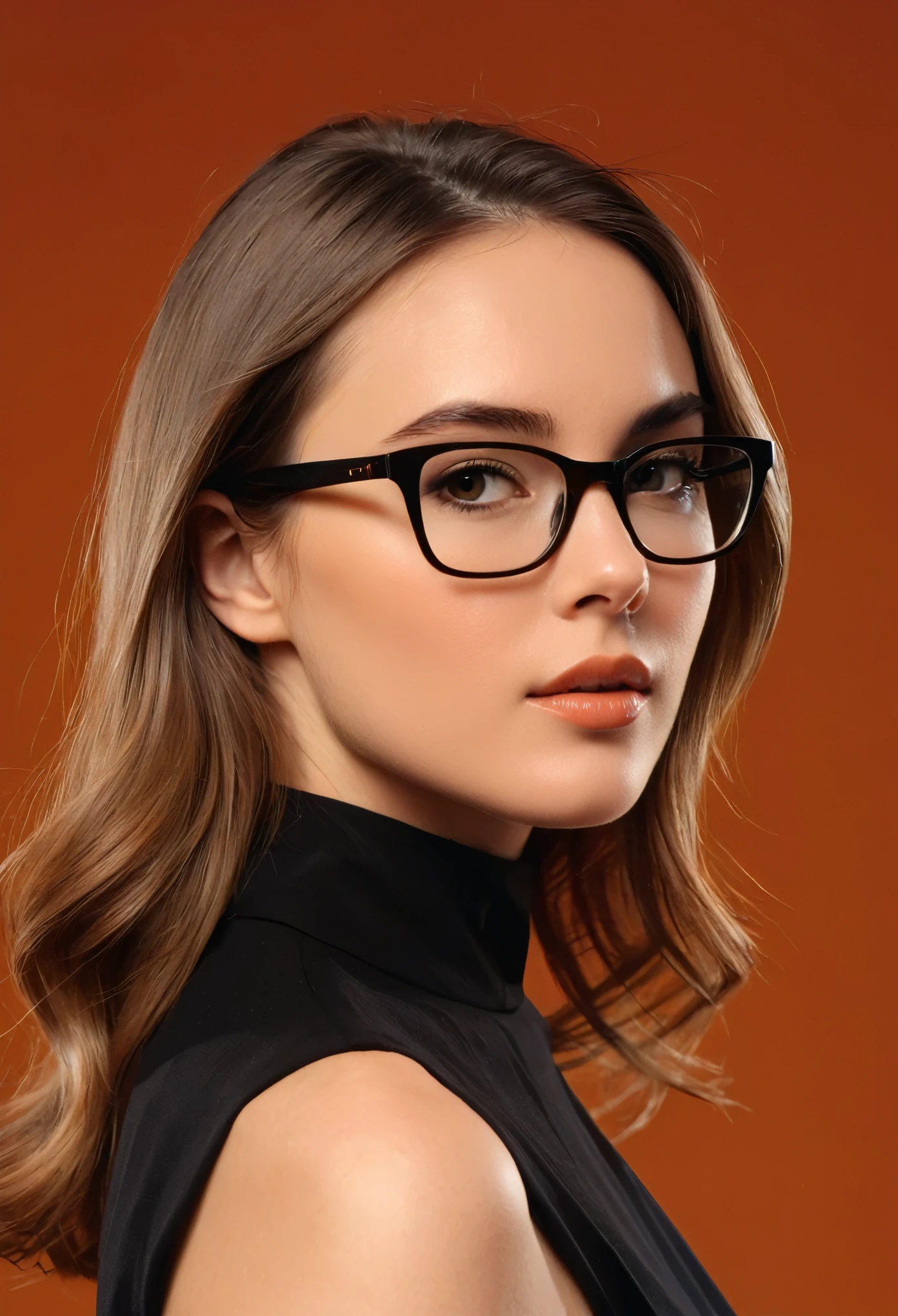 A poised young model stands against a burnt orange backdrop, presenting a striking profile in high-end fashion attire, "Composition: upper body portrait, direct gaze, clean lines," "Camera: high-definition digital camera, portrait mode, tight framing," "Lighting: studio lighting, likely a key light positioned to the front-left to cast even illumination on the face, subtle shadowing to define features," "Framing: close-up, cropped just below the shoulders, focus on facial features and glasses," "Effects: color grading to enhance the warmth of the image, contrast adjustments for depth," "Background: solid color to complement and contrast the subject and attire," "Overall Mood: sophisticated, modern, with a hint of intellectual chic."