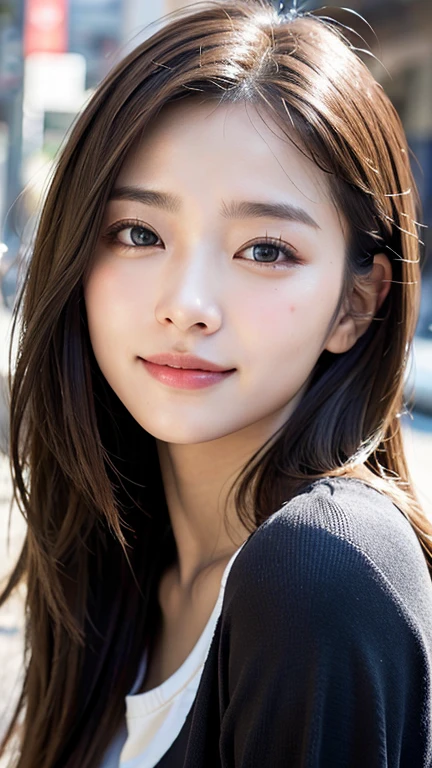 With the alleys of Kyoto in the background、18 year old girl、independent、Look forward、Light eye makeup、Brown Hair Color、flat 、hair blowing in the wind、quality of actress、Shiny, Ultra-realistic faces、smileの表情、Watery eyes、look up、Calming lighting effects、 Ultra-Realistic Capture、Very detailed、High resolution 16K human skin close-up。Skin texture must be natural、Must be so detailed that pores are visible、skin is healthy、Must be an even tone、Use natural light and color、High quality photos taken by a modeling agency'Exclusive photographer、smile