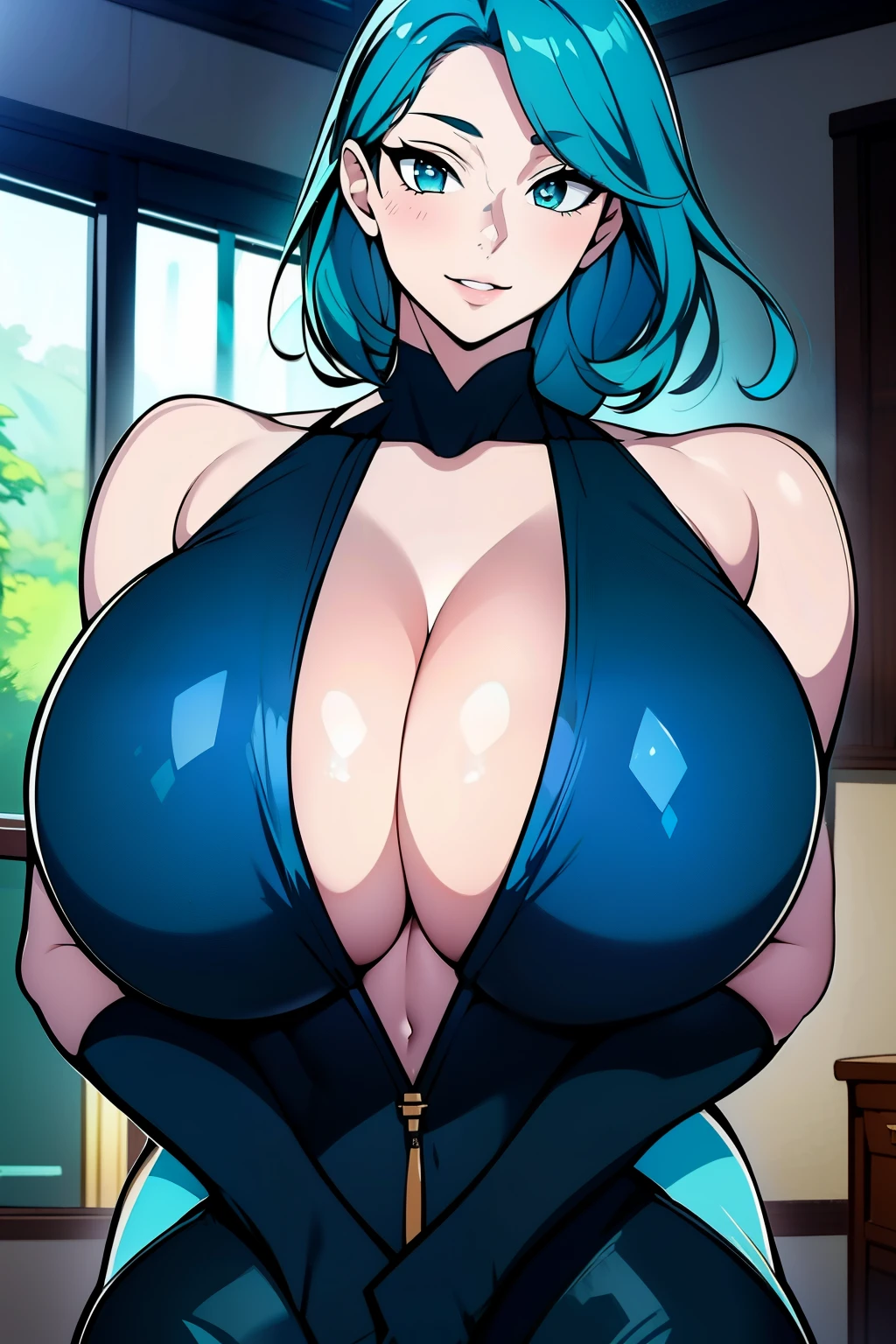 An anime-style artwork depicting ruan mei from the game Honkai star rail.

Tags: ruan mei, anime, detailed eyes, detailed lips, (black bodysuit :1.1), bare shoulders, cleavage, smiling expression, intense gaze, glowing emblem on hand, dynamic pose, indoor, luxury palace, vibrant colors, digital art, high-resolution, professional quality, gigantic breasts, (underboob : 1.4), curvy, cowboy shot, (gigantic breasts: 1.4), (blue eyes: 1.4), (light Aquamarine Blue hair: 1.4), short hair