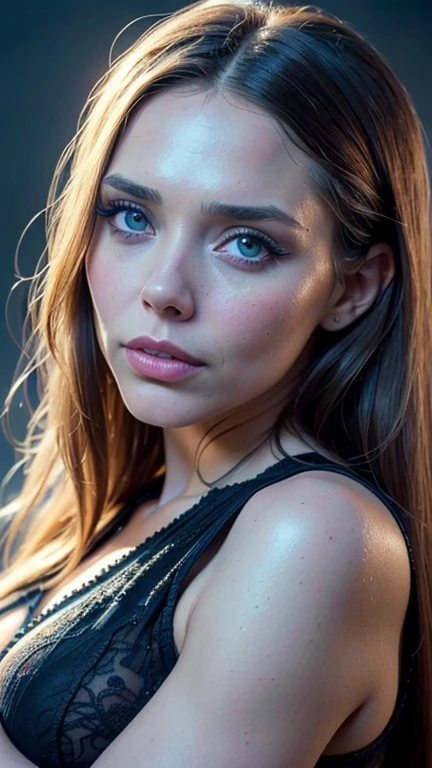 (best quality,4k,8k,highres,masterpiece:1.2),ultra-detailed,(realistic,photorealistic,photo-realistic:1.37),(half body:1.3),Elizabeth Olsen,beautiful detailed eyes,beautiful detailed lips,extremely detailed eyes and face,longeyelashes,dark hair,blue eyes, muscular body, sweaty skin,lace bikini,vivid colors,portrait,studio lighting