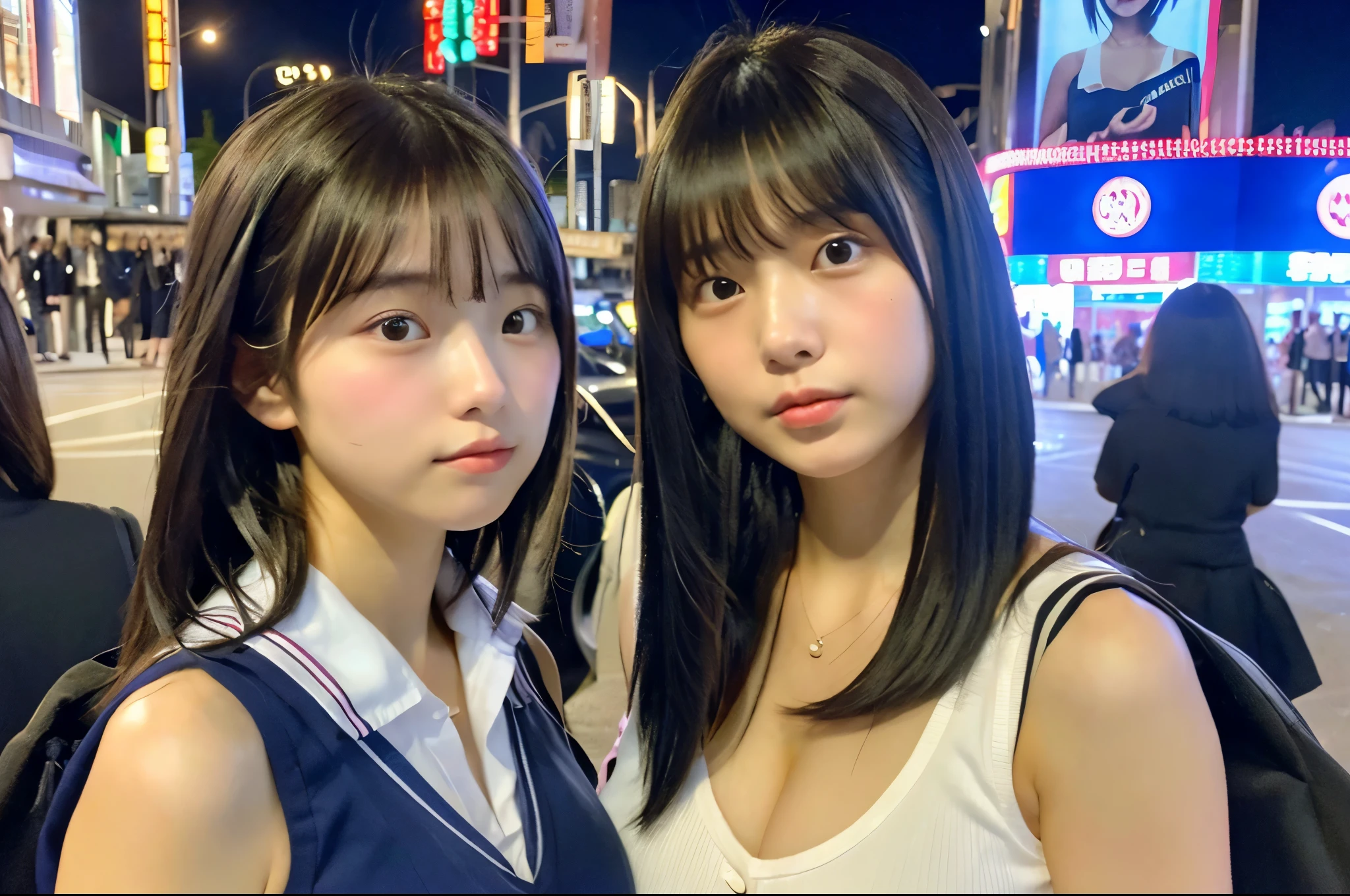 sleeveless uniform　high school girl　White cotton shirt　Big Breasts　Very detailed　super high quality　super high quality　Surreal　photograph　Three Japanese Girls　(Each girl has a different hairstyle randomly、different face:1.3) 　Fair skin　16 years old　((Half-open lips:1.3))　beautiful and soft skin　((Beautifully styled straight short hair))  Beautiful and perfect body　very cute　A beautiful and transparent young man々new skin　16 years old　(ノースリーブのシャツを着たhigh school girl) Big Breasts　whole body　everyday city　Busy city　　((night))　Audience&#39;perspective　　Front view　　(Big Breasts:1.3)   (Cleavage)　(Amazingly cute girl:1.3)　　(whole bodyポートレート)　