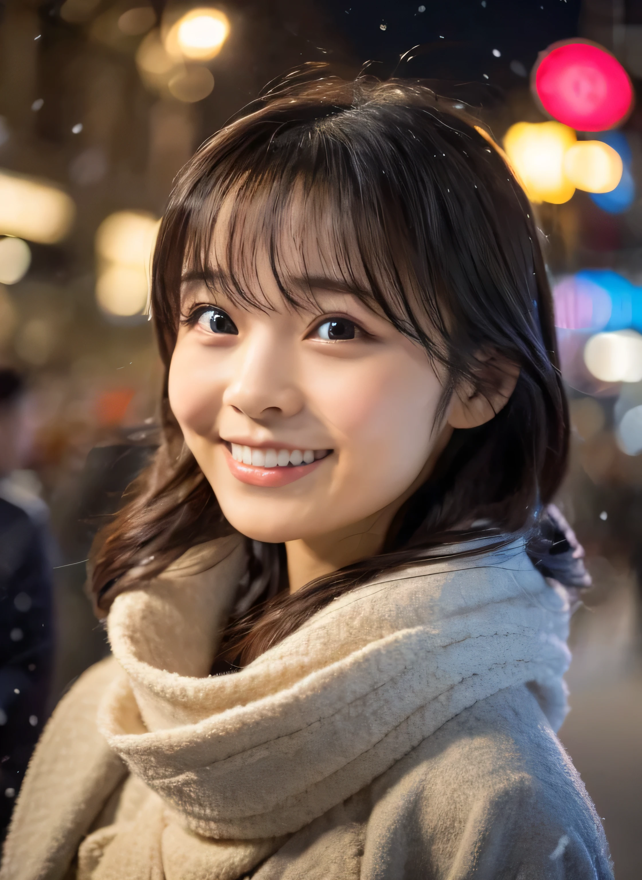 1 girl, (Photo from the waist up、put on a coat:1.2), (RAW Photos, highest quality), (Realistic, Photorealistic:1.4), Tabletop, Very delicate and beautiful, Very detailed, 2k wallpaper, wonderful, finely, very detailed CG Unity 8k wallpaper, Very detailed, High resolution, Soft Light, Beautiful detailed girl, Very detailed目と顔, Beautiful and detailed nose, finely beautiful eyes, Cinema Lighting, Illuminations that light up the city on a snowy night, Snow Scene, that&#39;it&#39;s snowing, Perfect Anatomy, tense air, Straight Long Hair, Looking at the audience, smile, Hokkaido serial murders, Disappearing into the Sea of Okhotsk, Tracking、Fluffy scarf、