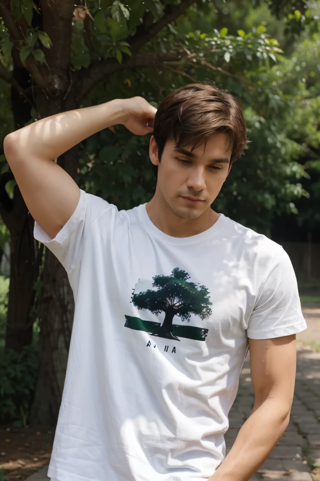a man with white t shirt and in t shirt front side create a logo , and 4 green  trees pics ,and write good condition 