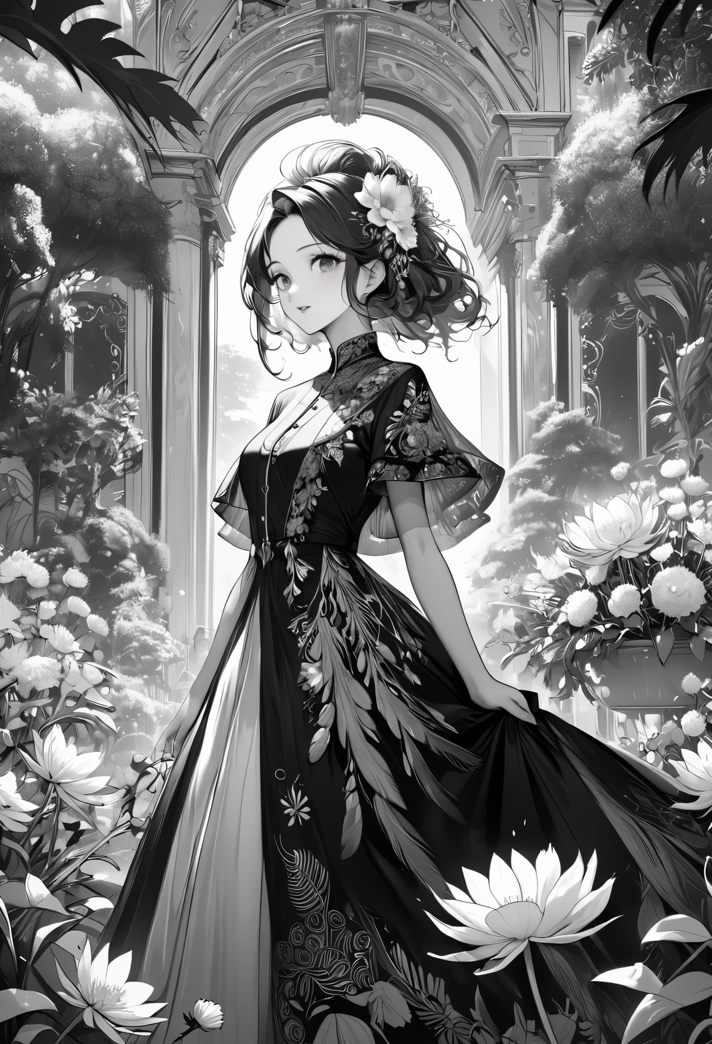 up-and-coming painting-style artwork, best quality, super fine, 16k, incredibly absurdres, extremely detailed, delicate, flashy and dynamic depiction, (only the captivating beautiful excited look lady and the palace flower bed in the background are depicted in monochrome), BREAK, (colored wearing iridescent peacock feathers, dandelions and Epiphyllum oxypetalum are flying in spiral as they are stirred by whirlwind), wind, wind-effect, professional lighting