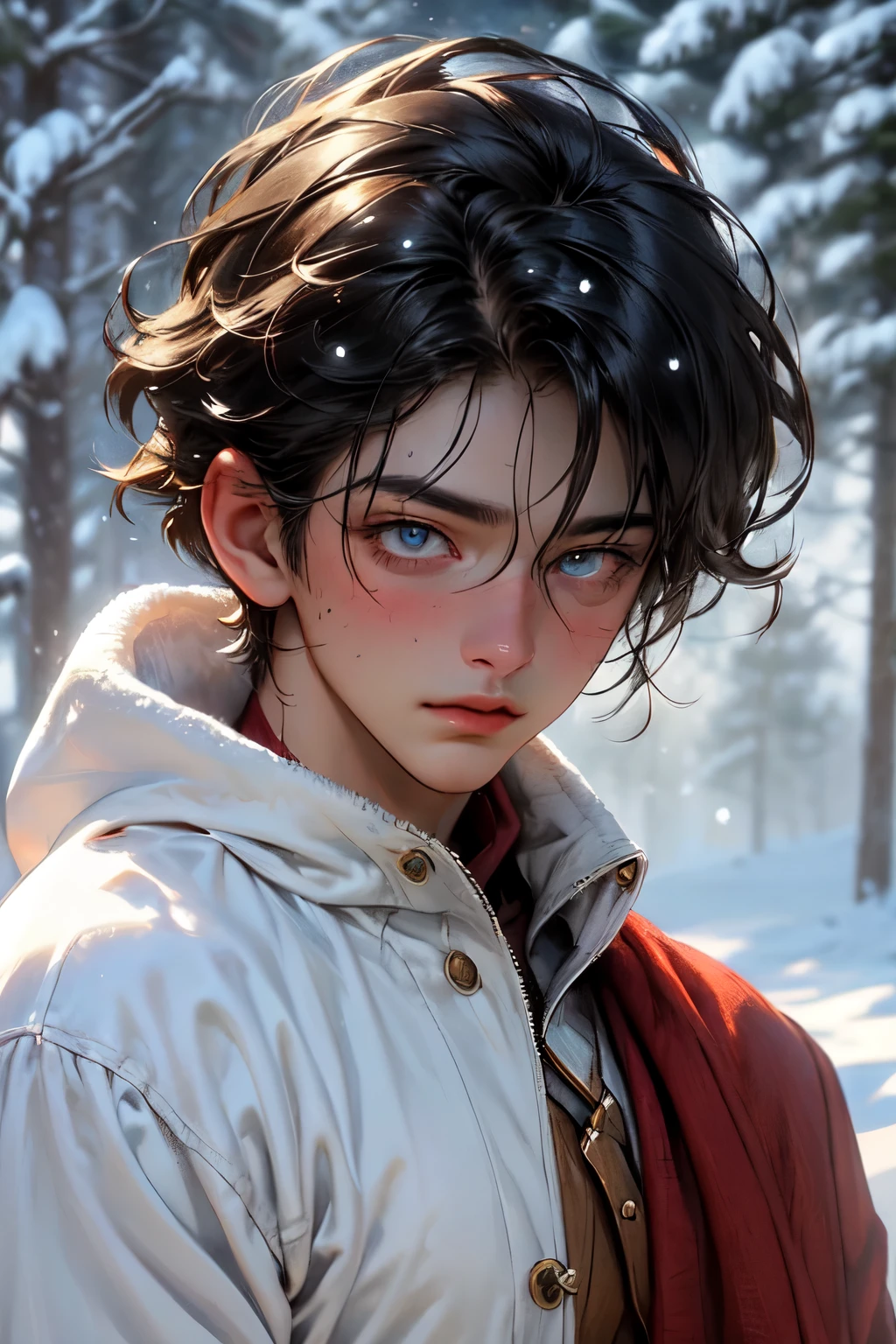 ((best quality)), ((masterpiece)), (detailed), perfect face, male, western looking, tall, handsome, charming face, clean cut hair, black hair, standing outside, snowing in the background, whole body shot, cowboy shot, attractive eyes, bulky body, western graphic, MALE, WHOLE BODY SHOT