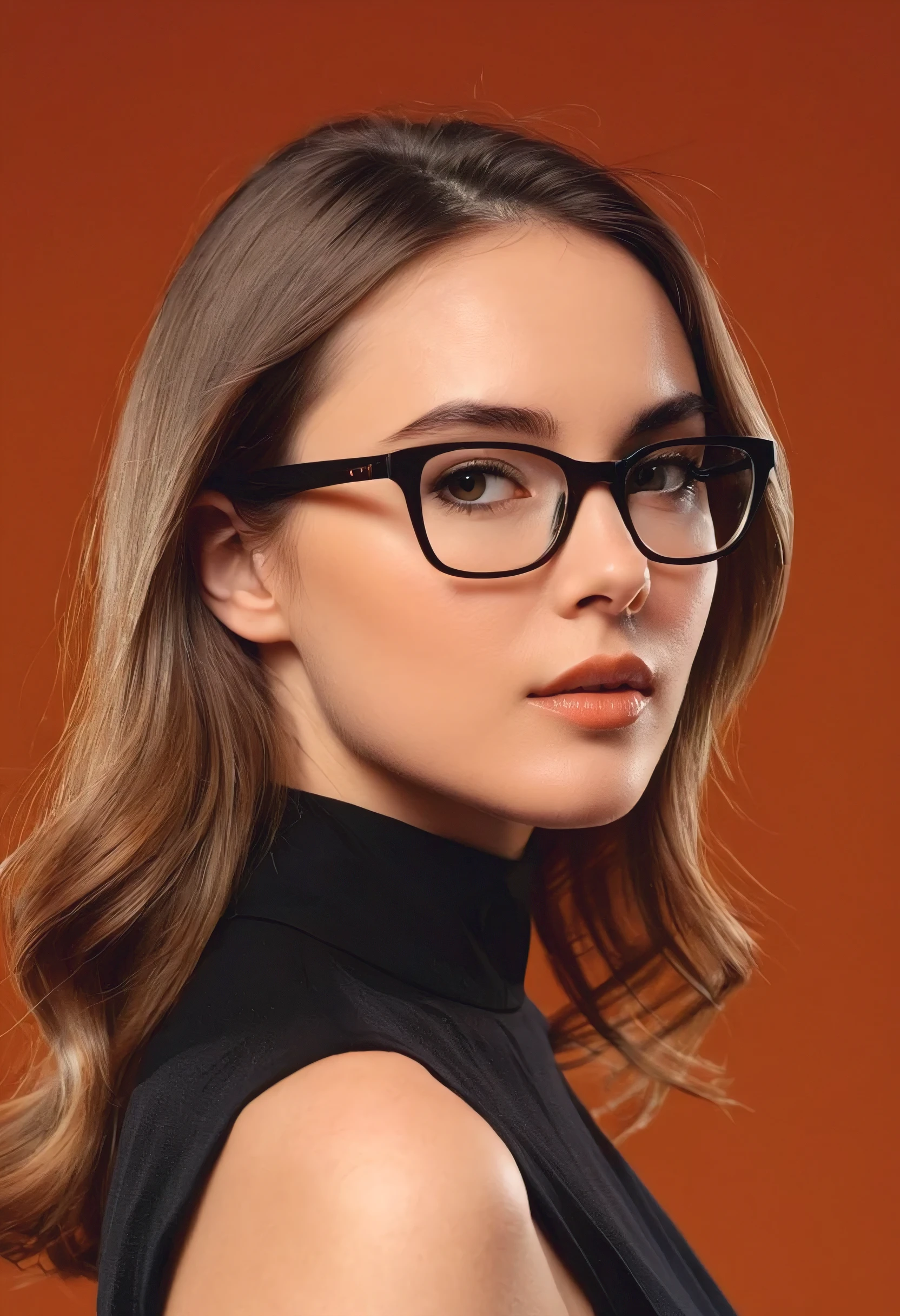 A poised young model stands against a burnt orange backdrop, presenting a striking profile in high-end fashion attire, "Composition: upper body portrait, direct gaze, clean lines," "Camera: high-definition digital camera, portrait mode, tight framing," "Lighting: studio lighting, likely a key light positioned to the front-left to cast even illumination on the face, subtle shadowing to define features," "Framing: close-up, cropped just below the shoulders, focus on facial features and glasses," "Effects: color grading to enhance the warmth of the image, contrast adjustments for depth," "Background: solid color to complement and contrast the subject and attire," "Overall Mood: sophisticated, modern, with a hint of intellectual chic."