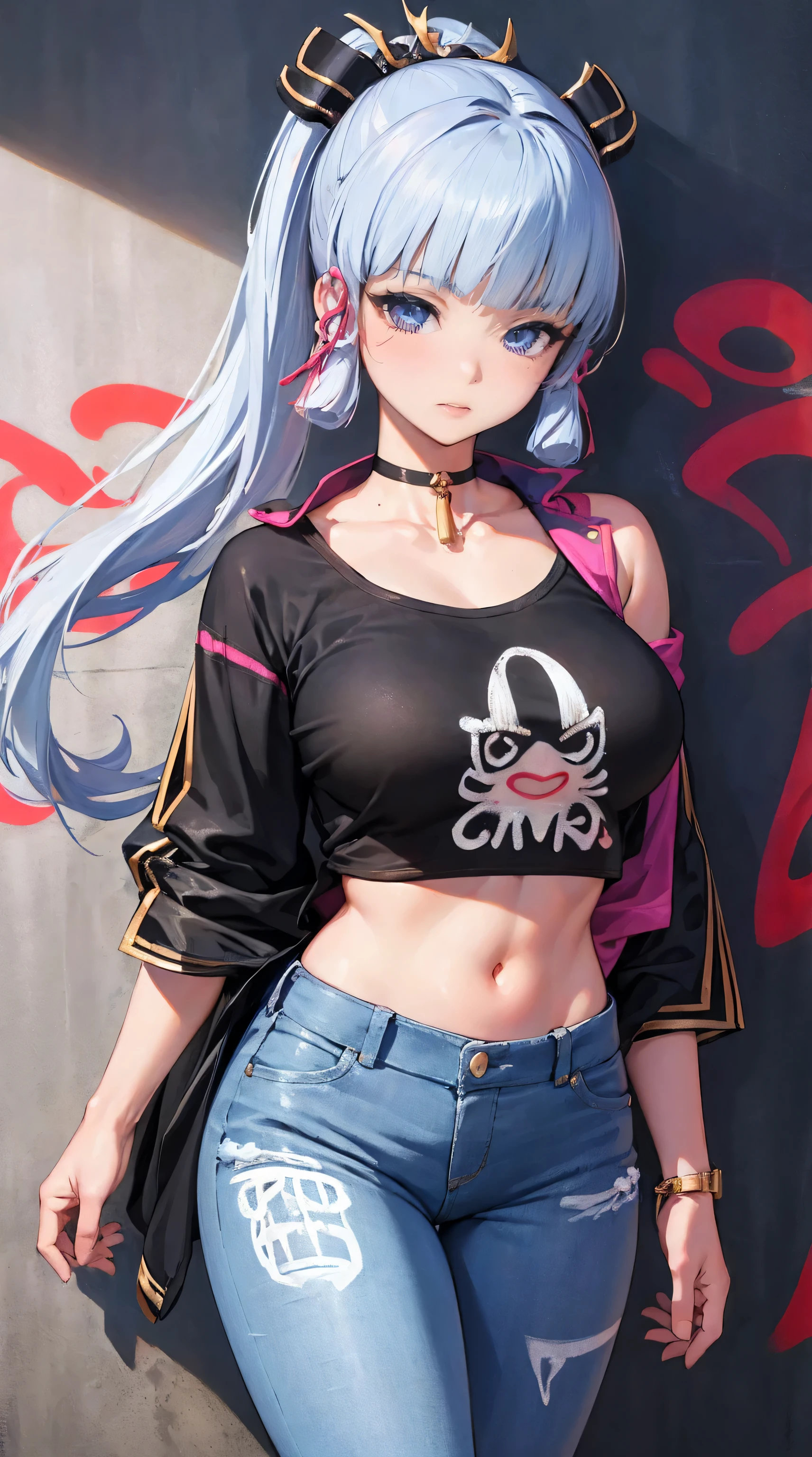 kamisato ayaka|genshin impact, master-piece, bestquality, 1girls, youthful, proportional body, elongated legs, Beautiful, proportional., crop top, Long Jeans, big breasts, ,bara, crop top, choker, (Graffiti:1.5), Splash with purple lightning pattern., arm behind back, against wall, View viewers from the front., Thigh strap, Head tilt, bored,(NSTDA.:1.2), (10, beste-Qualit, master-piece: 1.4), Beautiful red hair, ultra-high resolution, (lifelike, photorealistic portrait: 1.48), 20 age, Cute Girl, (Looking Through Crop Tops.), Famous Japanese actors, beautiful clear eyes, Head tilt, cowboy shot, from the front, looking at the audience, expressionless, Beautiful lake, Zeiss 150mm F/ 2.8 Hasselblad,  Whole body, foot, Ultra-Wide Angle,full body figure,full photo , head to toes full body 