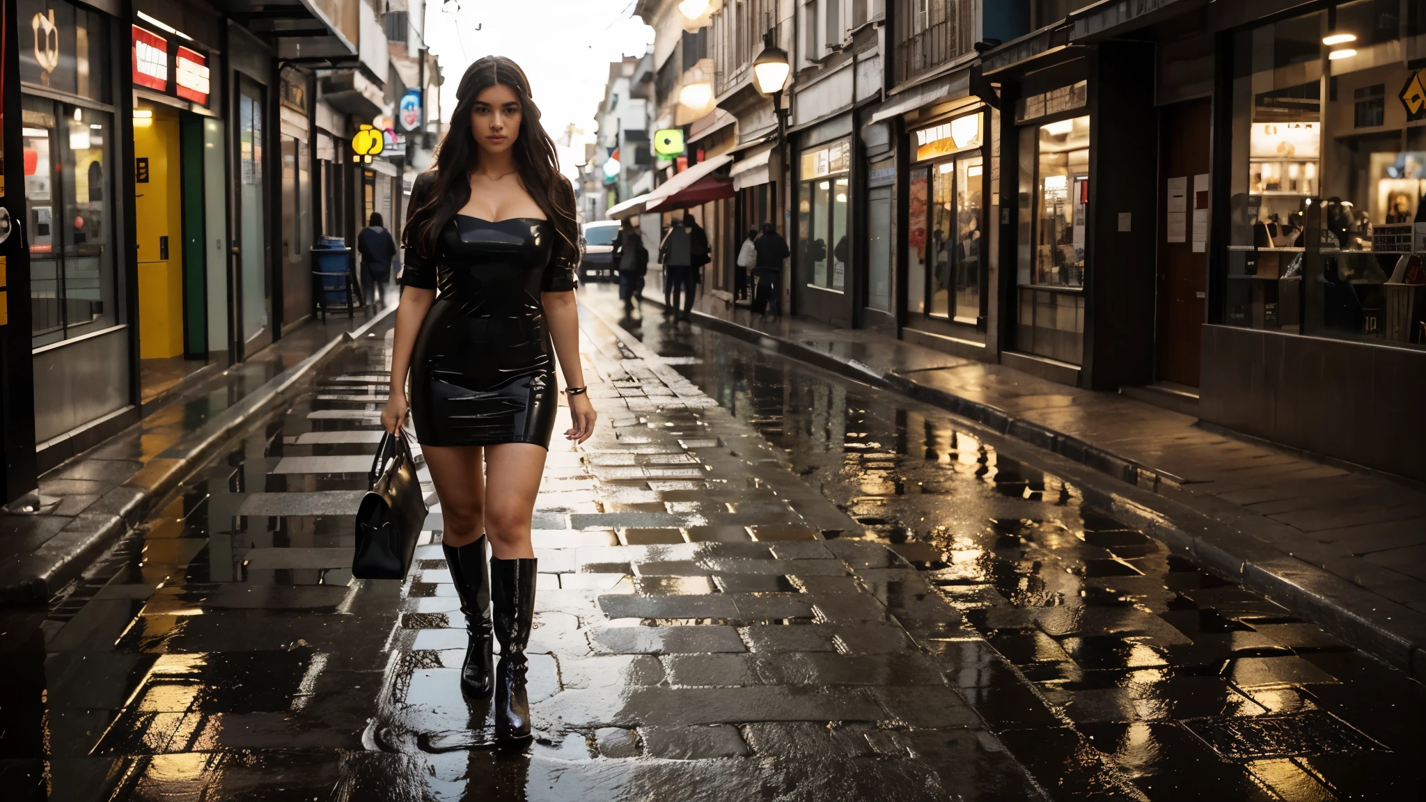mulher araffe de vestido muito curto preto, vestido justo, vestido decotado, pernas bonitas, thick thighs and high boots walking on the wet sidewalk, ruas molhadas, Linda parada na chuva, standing na chuva, Dasha Taran, na chuva, em um dia chuvoso, Na cidade, em um ambiente chuvoso, olhar molhado, na rua da cidade, Alexandre Rostov, Foto de Alexei Gurylev
