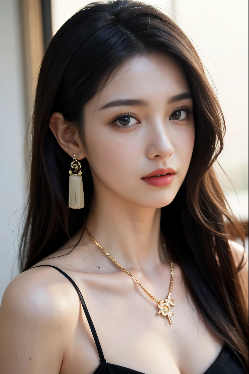 (masterpiece:1.3), (8 thousand, realistic, RAW photos, best quality: 1.4), (1 woman),(very sexy), (Beautiful makeover), (유난히 아름다운 realistic 얼굴), (Build a beautiful body) , (beautiful face), (beautiful face), (long eyelashes), (double eyelid), (realistic face), (black hair. parted, long hair:1.3), (아름다운 parted스타일), (realistic eyes), (really beautiful and delicate eyes), (realistic skin), (beautiful skin), (absurd), (attractive), (ultra high resolution), (extremely realistic), (very detailed), (golden ratio), (necklace), (earring), (So beautiful and sexy)