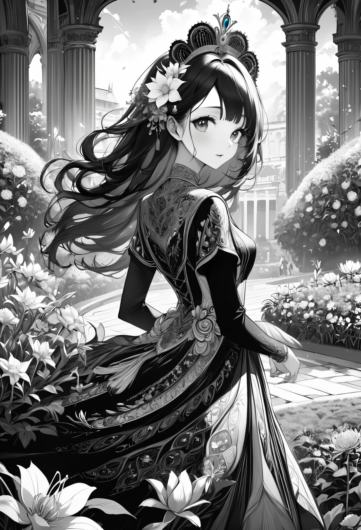 up-and-coming painting-style artwork, best quality, super fine, 16k, incredibly absurdres, extremely detailed, delicate, flashy and dynamic depiction, (only the captivating beautiful excited look lady and the palace flower bed in the background are depicted in monochrome), BREAK, (colored wearing iridescent peacock feathers, dandelions and Epiphyllum oxypetalum are flying in spiral as they are stirred by whirlwind:1.7), wind, wind-effect, professional lighting