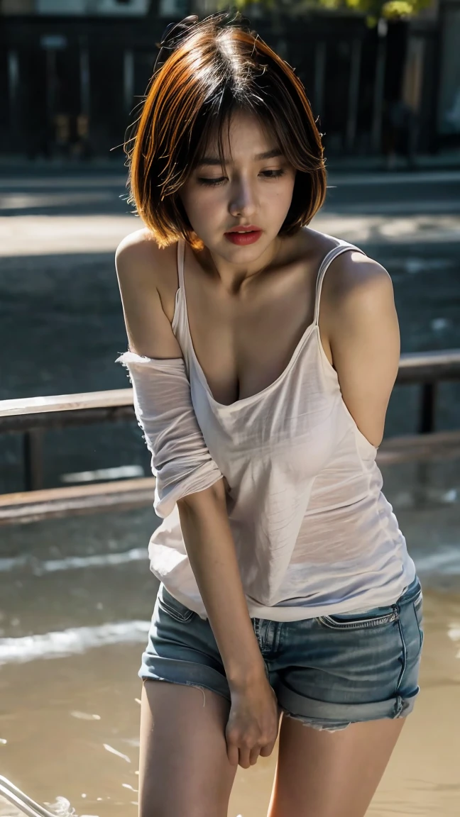 8K、Ultra HD resolution、((masterpiece, best quality, Highest image quality, High resolution, Realistic, 原始photo, 8K)), ((Perfect composition、Golden Ratio))、(degree of holiness:1.4)、photo、1 girl、[(sad)]、anger、short hair、black haired、Looking at the camera with tears in her eyes、White shirt、Dark、turbid、despair、Plum likes、Scream、crying how bright、crying how bright、(Clothes are torn:1.5)、(Wet clothes:1.4)、Bare shoulders、Real rain、Wet your hair、Get wet、rotten、Tragic、Bare legs、half undressed、excessive、破rotten的衣服、The skin is very exposed、so awkward、Want to escape、(((urine leakage、Her body can&#39;t hold the pee，Wet myself，despair地Wet myself, Pee running down her legs,)))、pleasure、wistful look、breathlessly、Open your mouth as wide as possible、、Very detailed、Detailed details、every detail、Ultra HD resolution、Natural Light、real background、Night view