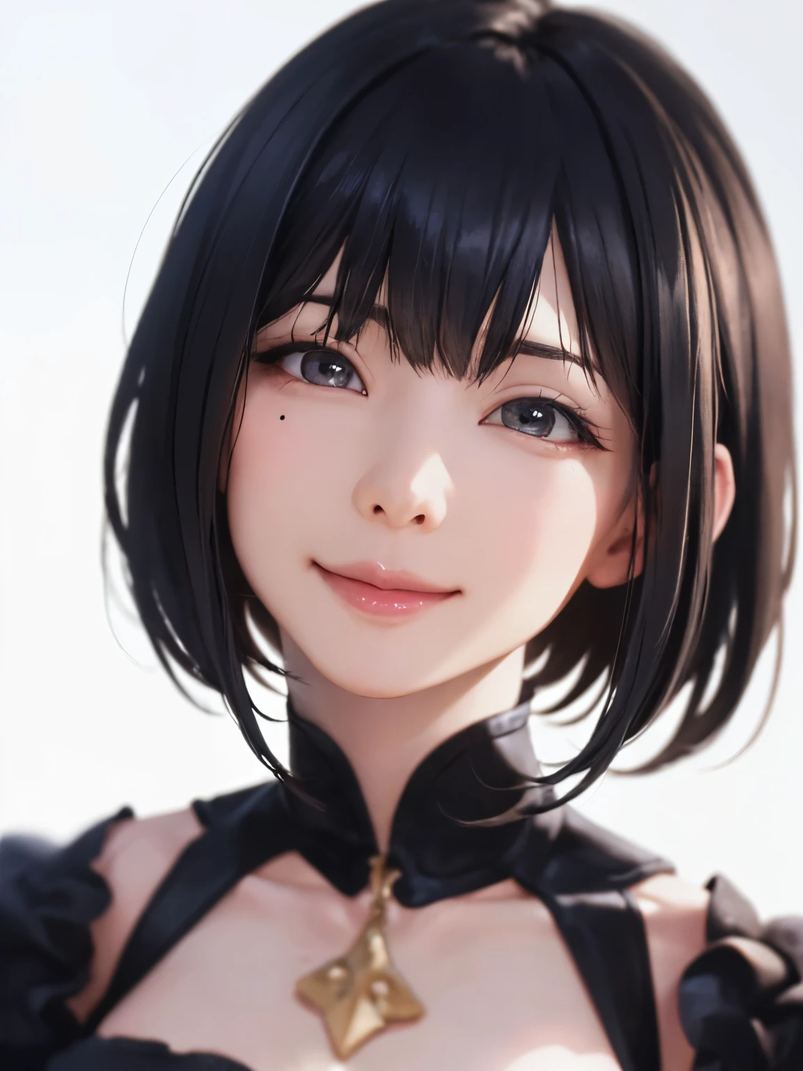 1 girl, alone, Shiny skin, chest, very detaileded, ultra detaileded, Ultra-high resolution, whole body, (Photorealism:1.4), (highest quality), (Best Shadow), Ulzzang-6500, detailed, Perfect lighting, Black Hair, ((Showpiece, highest quality, High precision)), One Girl, (big chest, Realistic: 1.4), (look up at the camera even a little, カメラをlook up, look up, look up at the camera, Looking into the camera))), alone, , White Background, snow-White Background, Shut your mouth., smile, pretty Black Hair, short hair, Big eyes, Transparent double eyelids, eyelash, listen, Long neck, Long neck, Absolute area, ((Face close-up, short hair with bangs)), 19 years old, Attractive proportions, Shiny skin, Beautiful clavicle, Golden ratio face, Perfect Face, Teardrop-shaped mole, chestのほくろ, bangs, clean bangs, beautiful bangs, Lip gloss, Thin lips, White skin, I took off my clothes, big chest, Small face, Small face, 少し上を向いてLooking into the camera, ((smile a little for the camera, really nothing pure White Background, very big big chest, big chest))